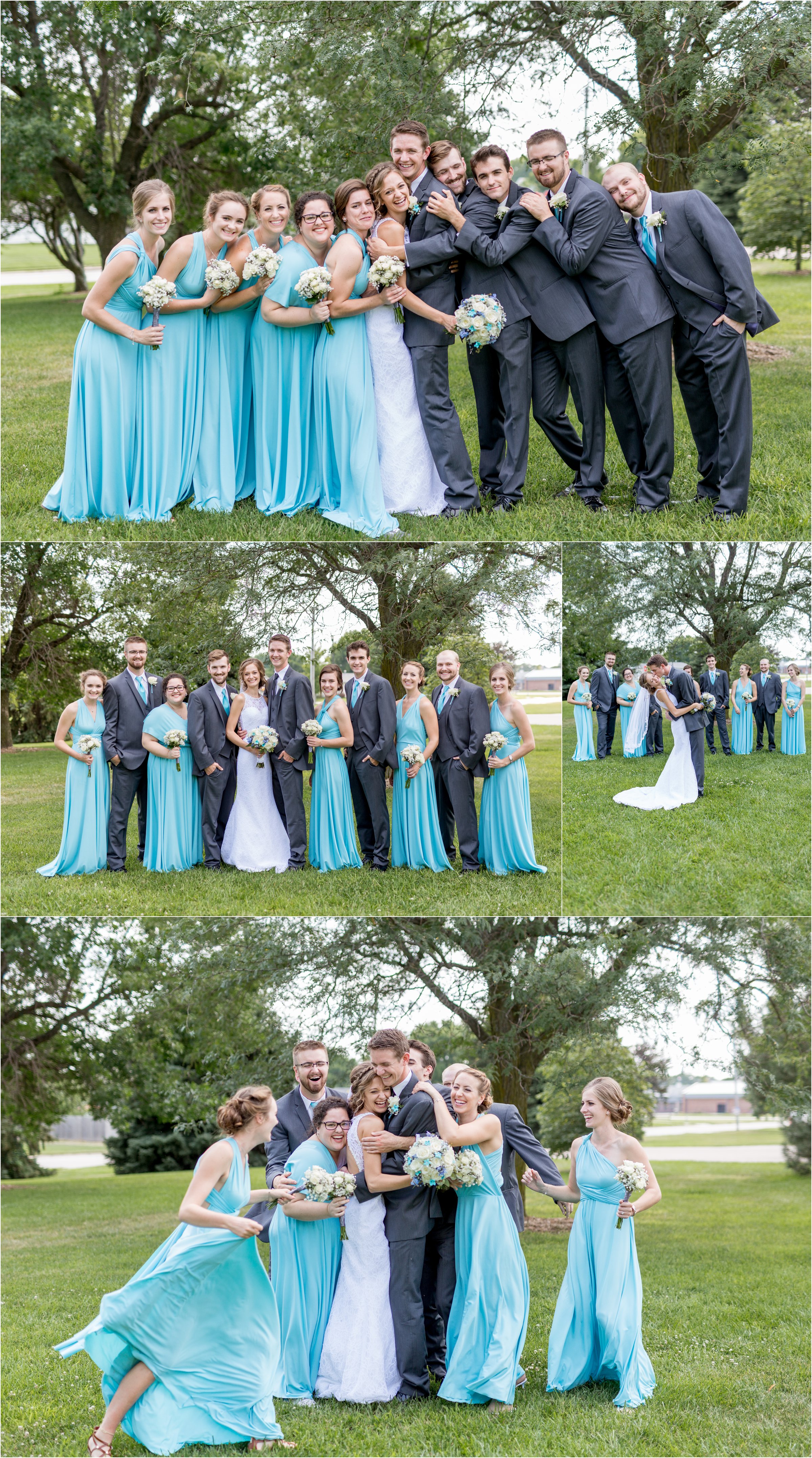 wedding party surrounds bride and groom hugging them