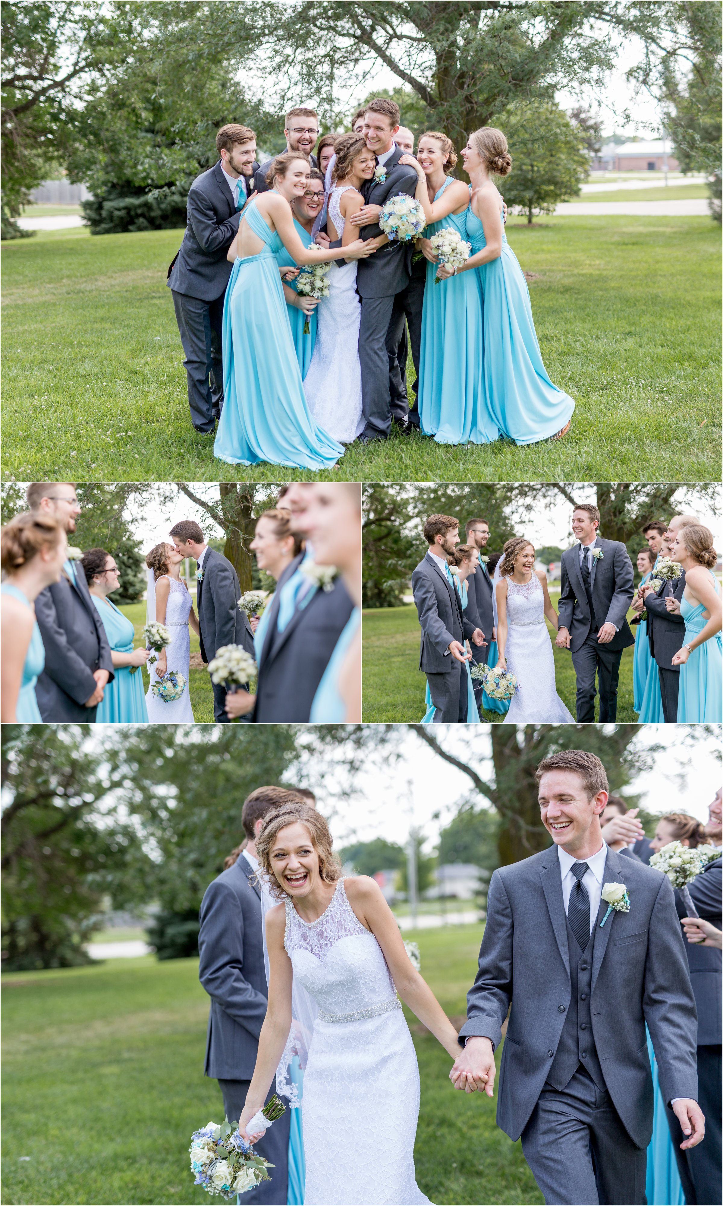 bridesmaids in long blue dresses and groomsmen in gray tuxedos surround the bride and groom