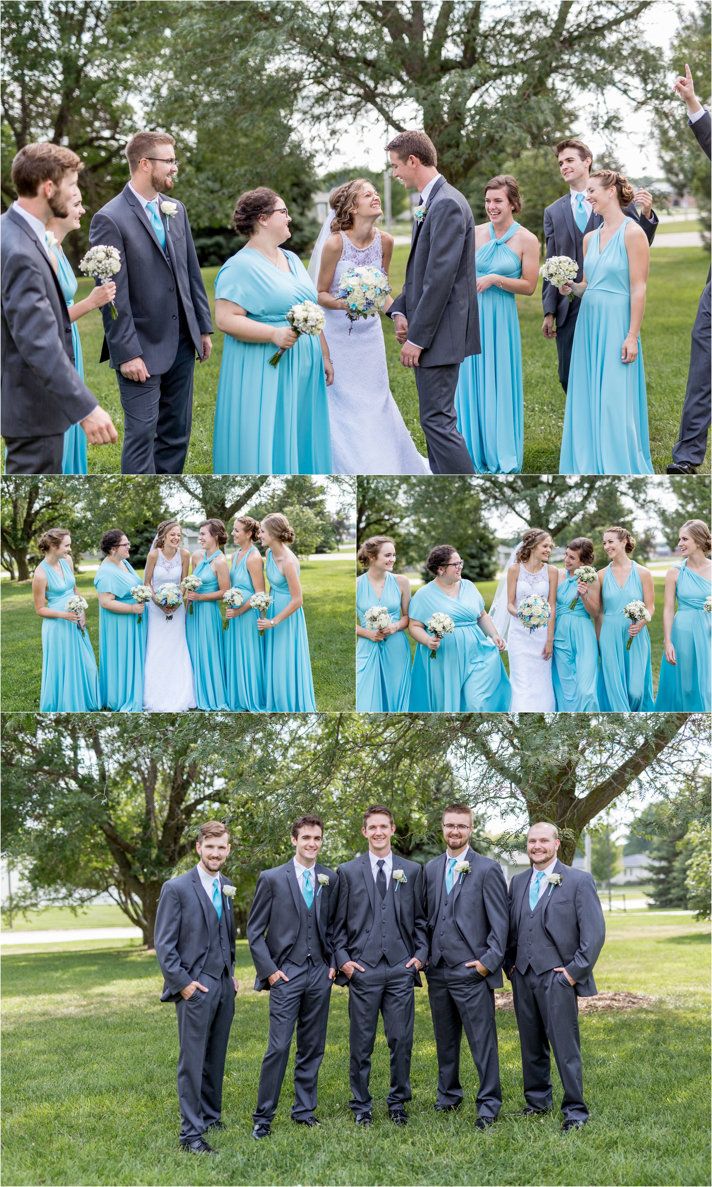 bride and groom laugh at bridal party while bridesmaids in blue long dresses surround the bride