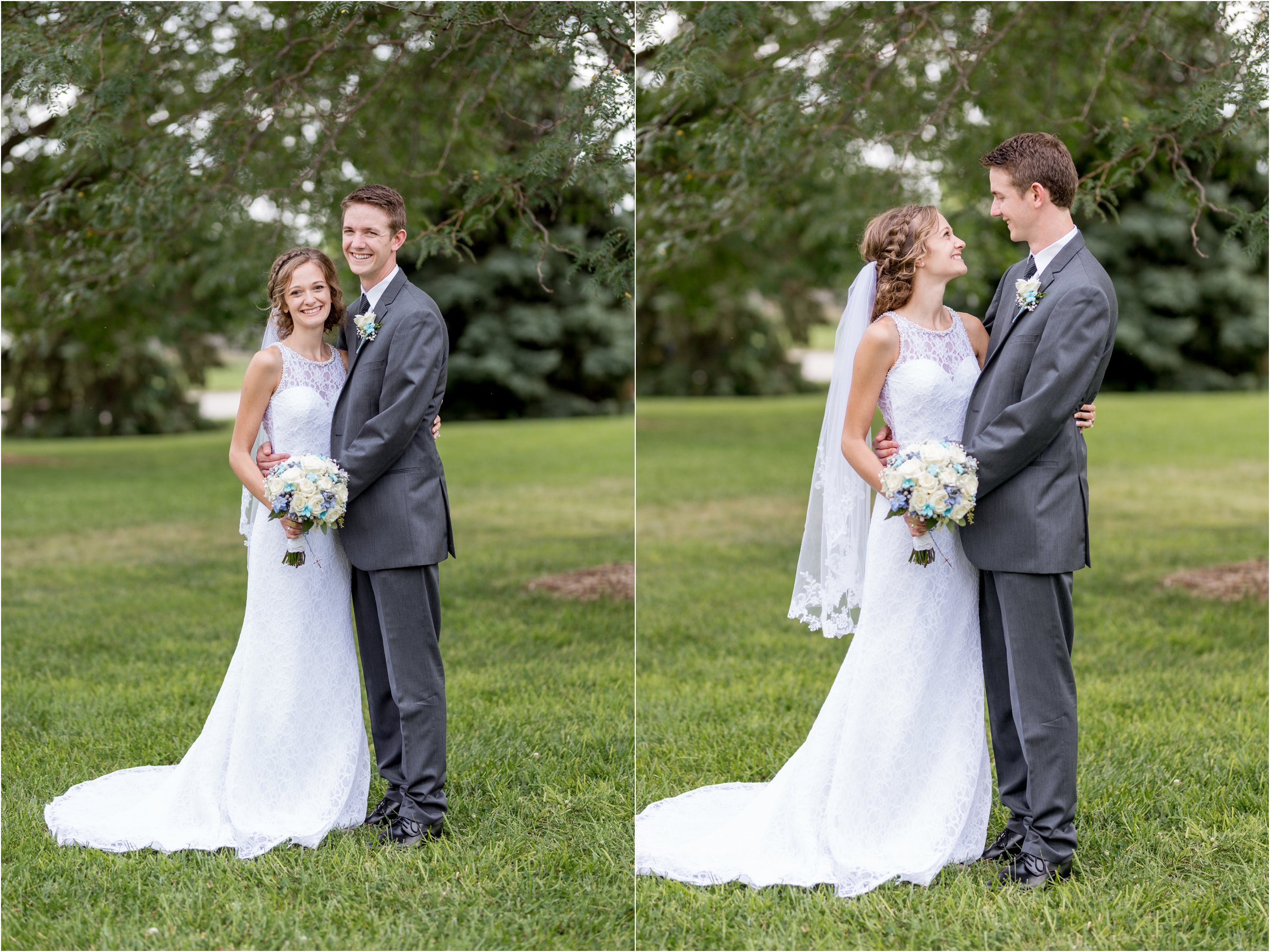bride and groom pose in front of trees in wedding dress and tuxedo