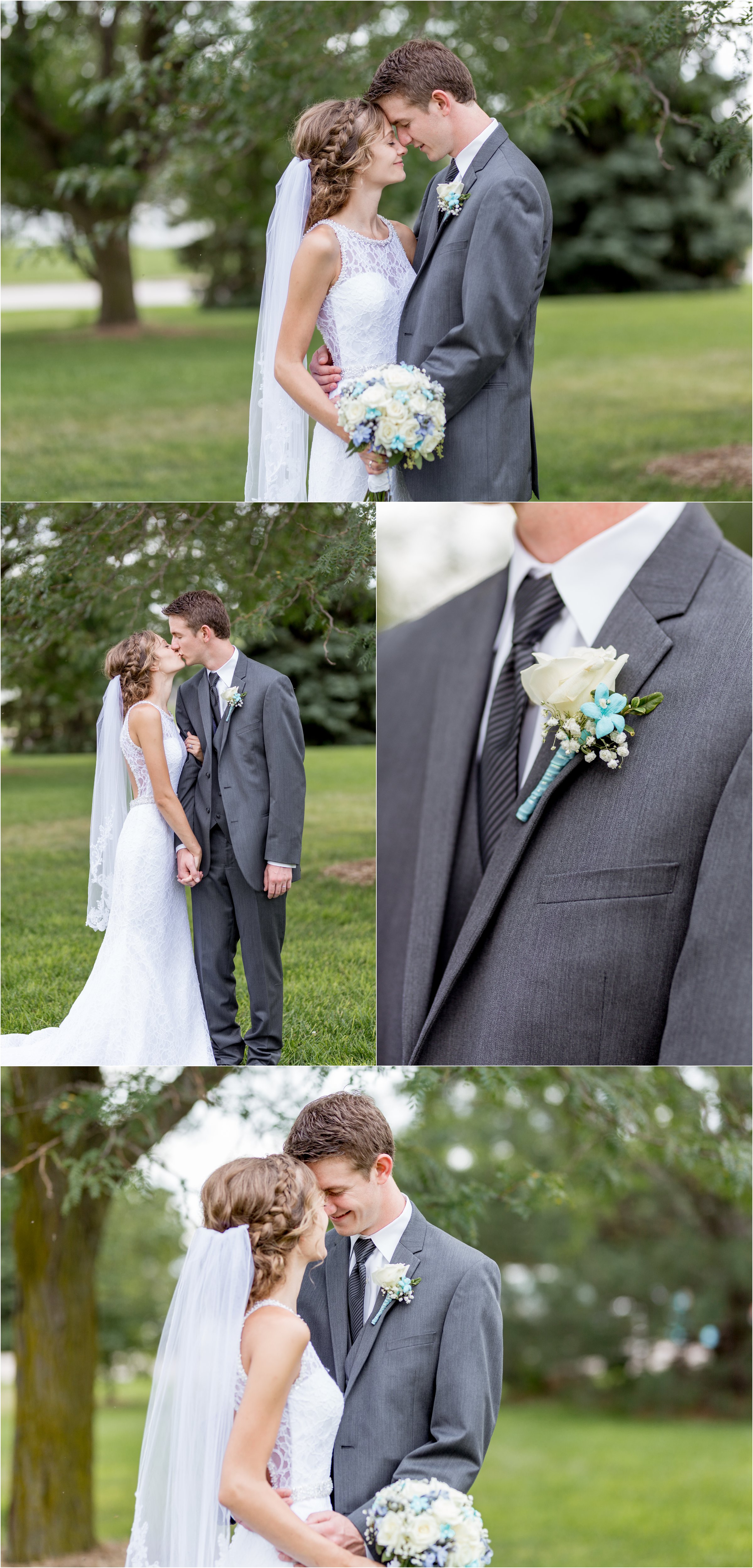 bride and groom stand face to face in front of trees in wedding attire with bouquet