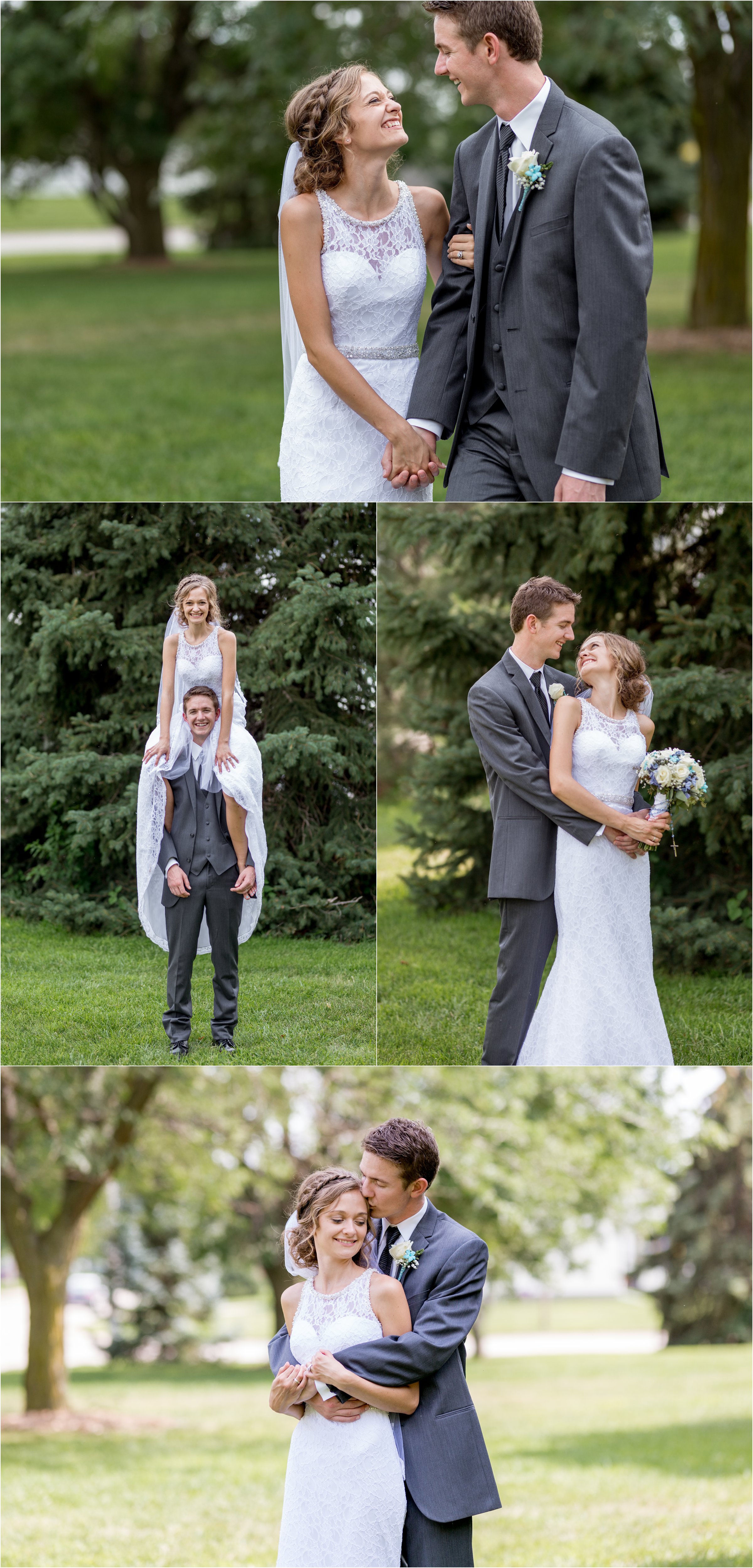 bride and groom laugh at one-another and pose for photos together
