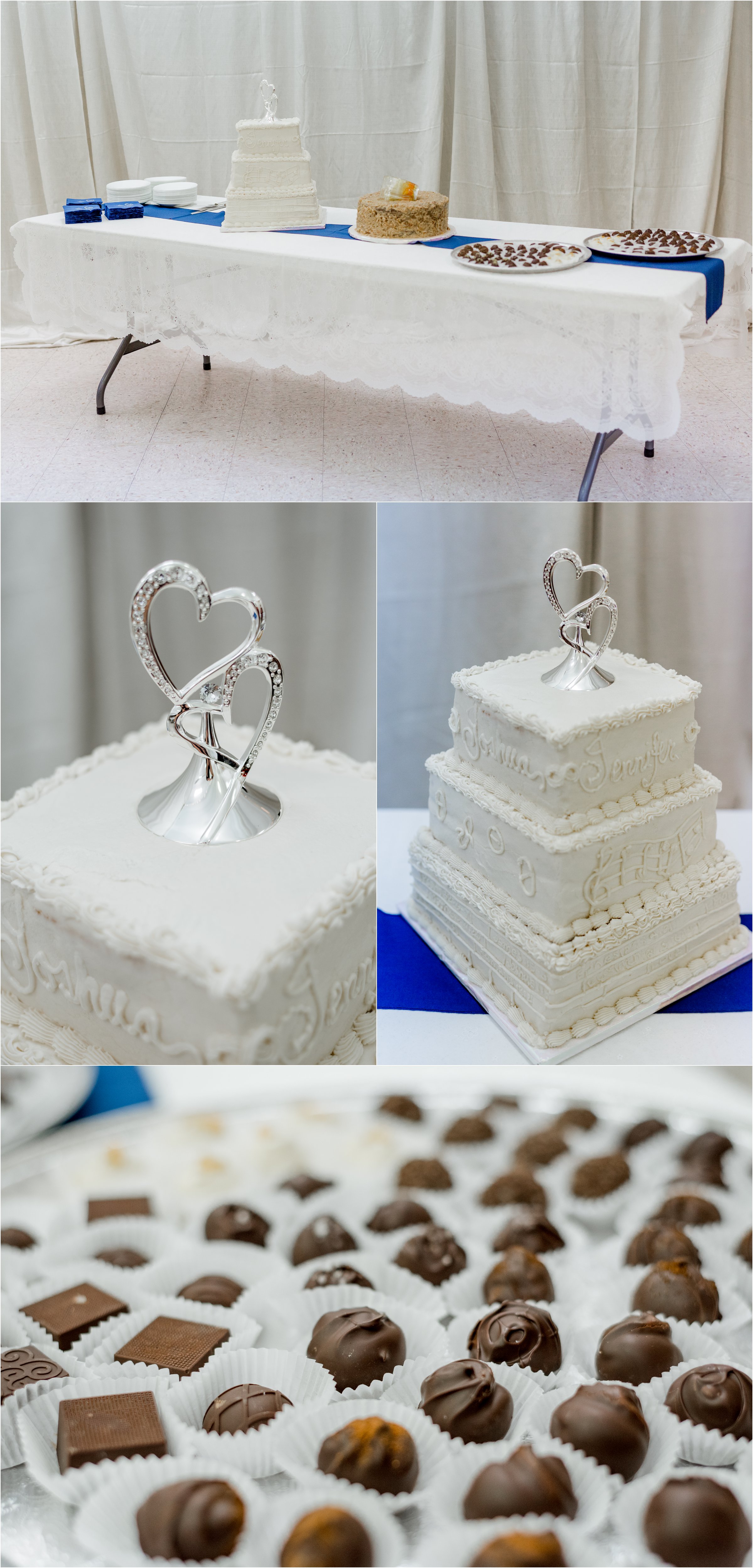 white wedding cake with silver heart cake topper sits next to a groom's carrot cake and truffles