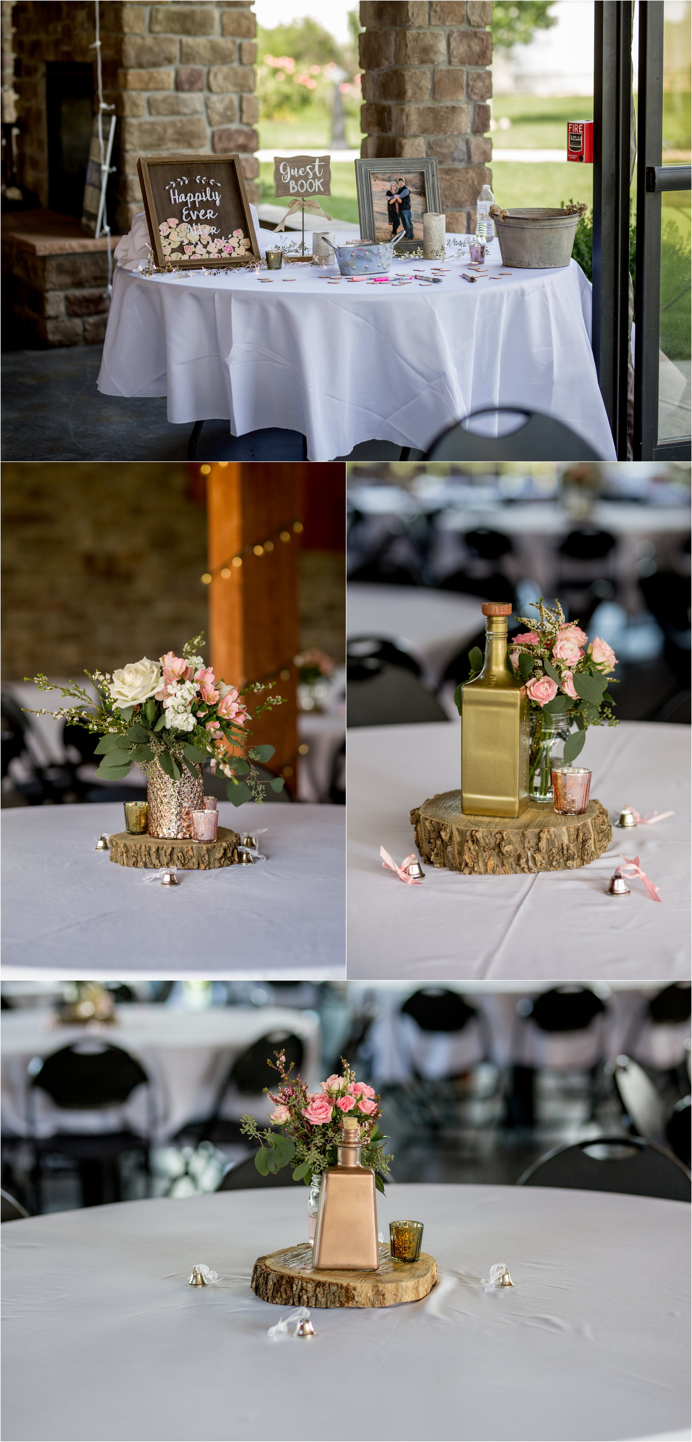 reception decor including pink and white flowers and guestbook decor