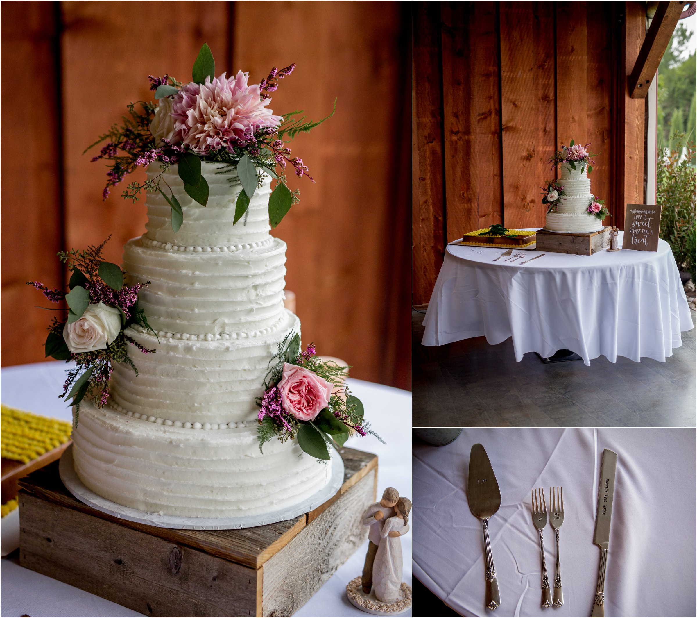 a wedding cake on a wooden blick with flowers on top and on sides