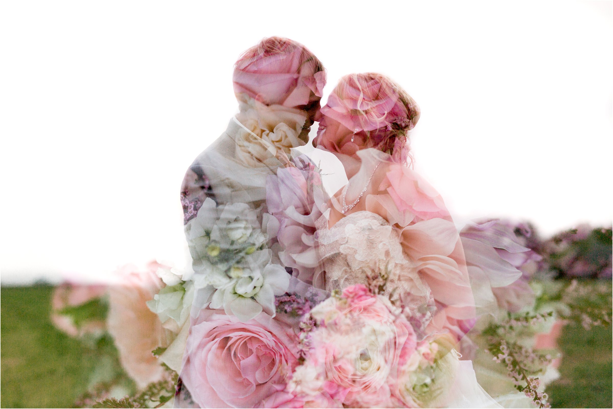 double exposure of bride and groom with the foreheads together and floral bouquet