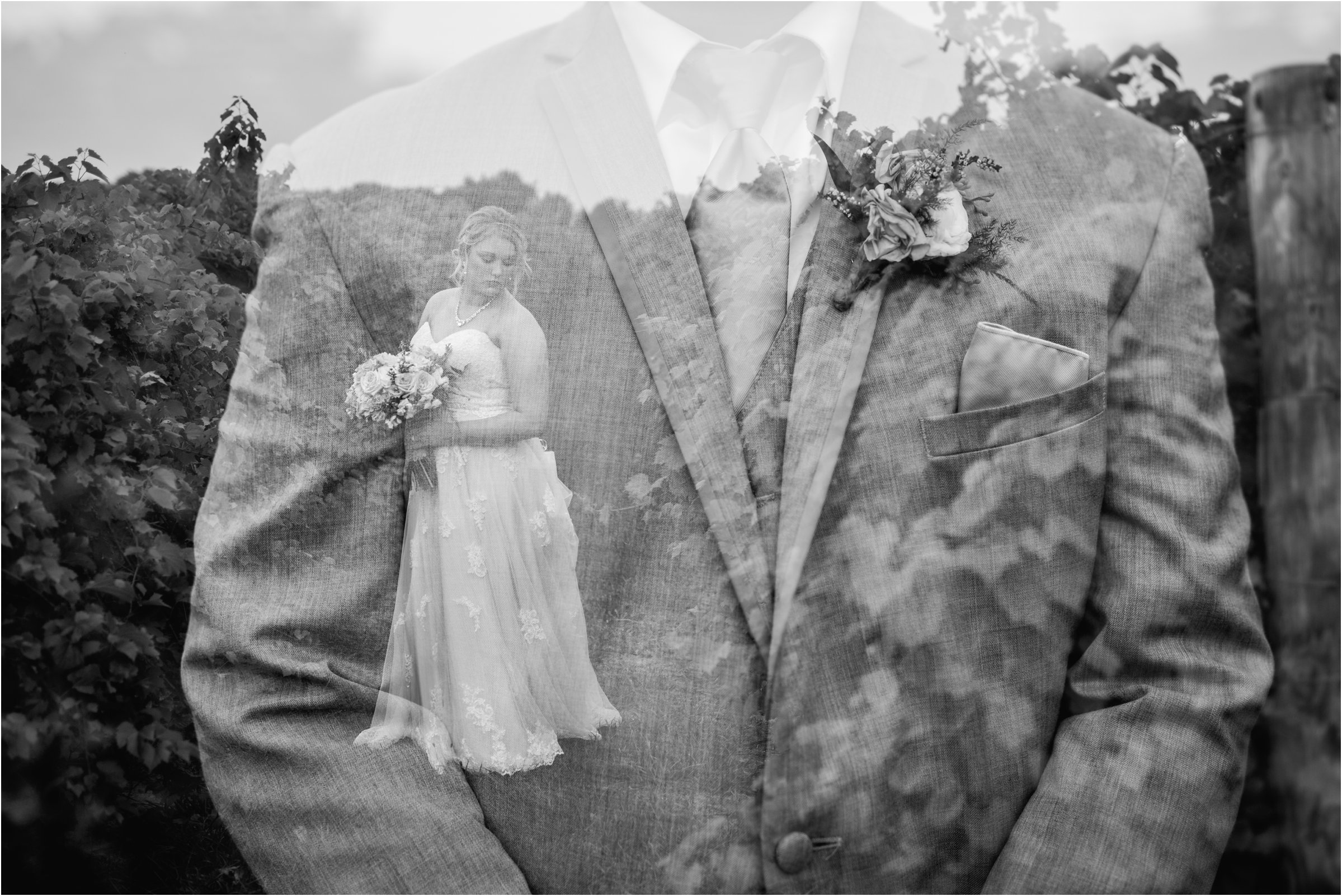 double exposure of the groom's tux along with the bride standing in grape vines