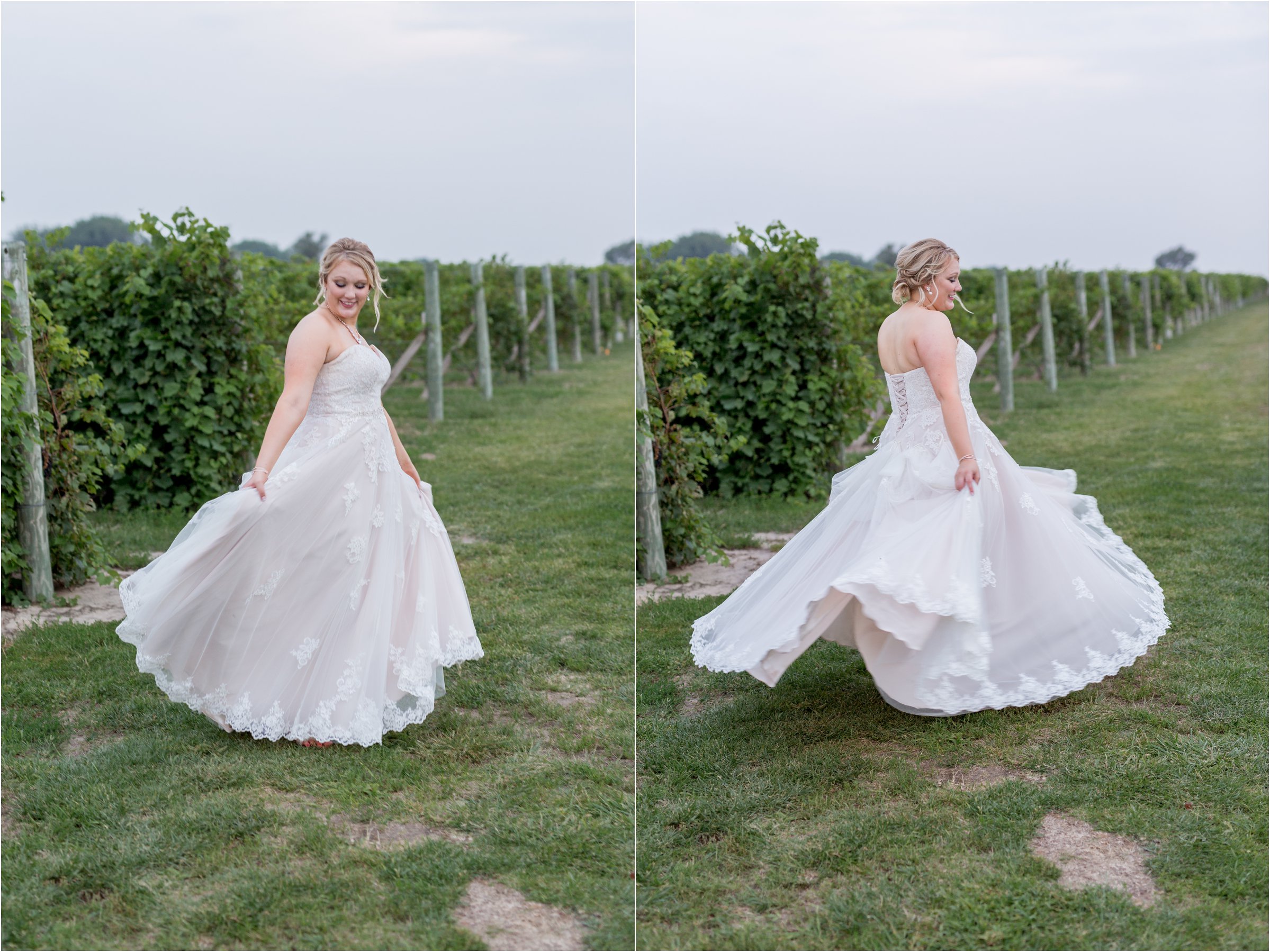 the bride twirling in her wedding dress in front of grape vines
