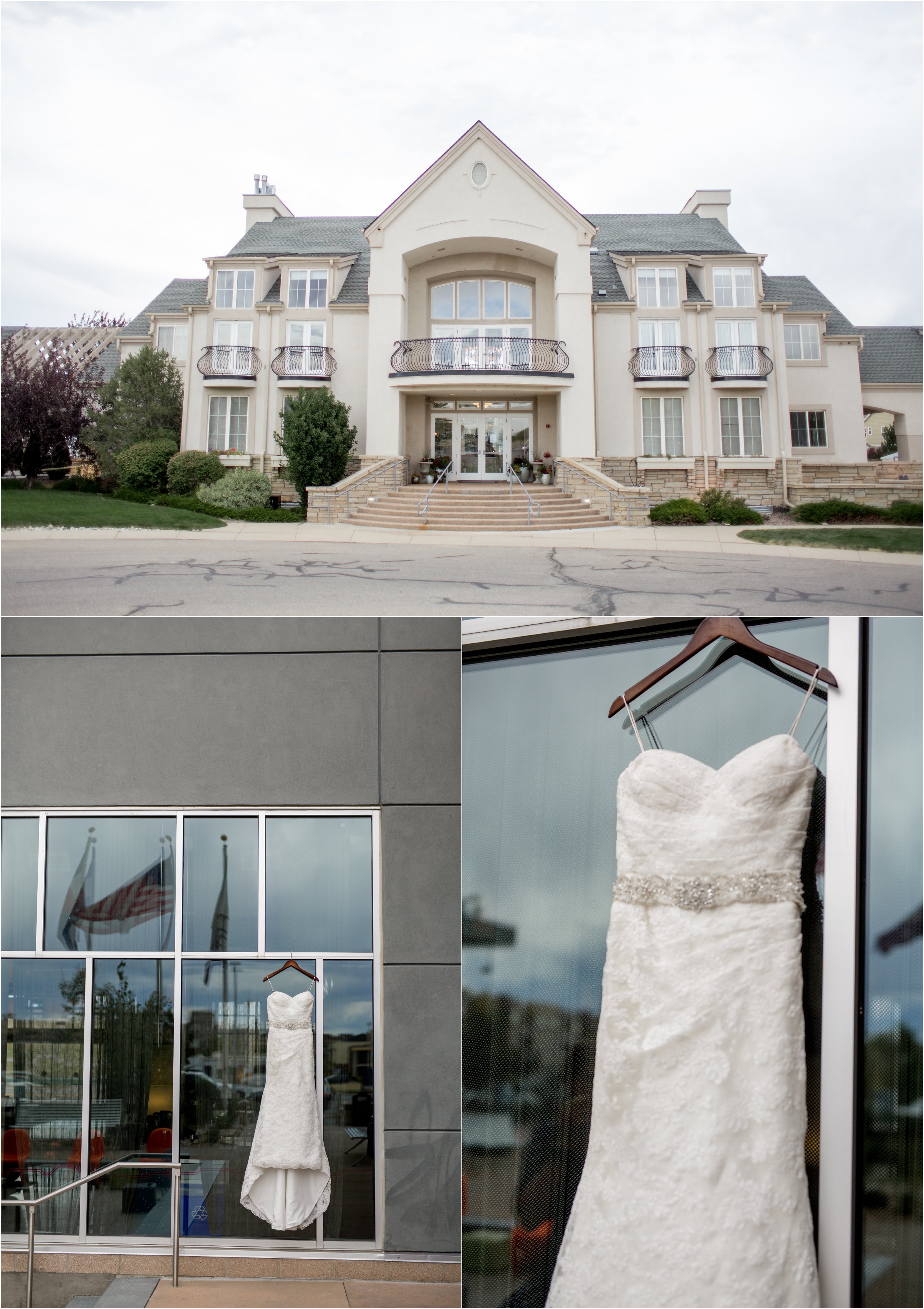 Photo of guests Chateaux at Fox Meadows and Jenny's dress hanging in a window