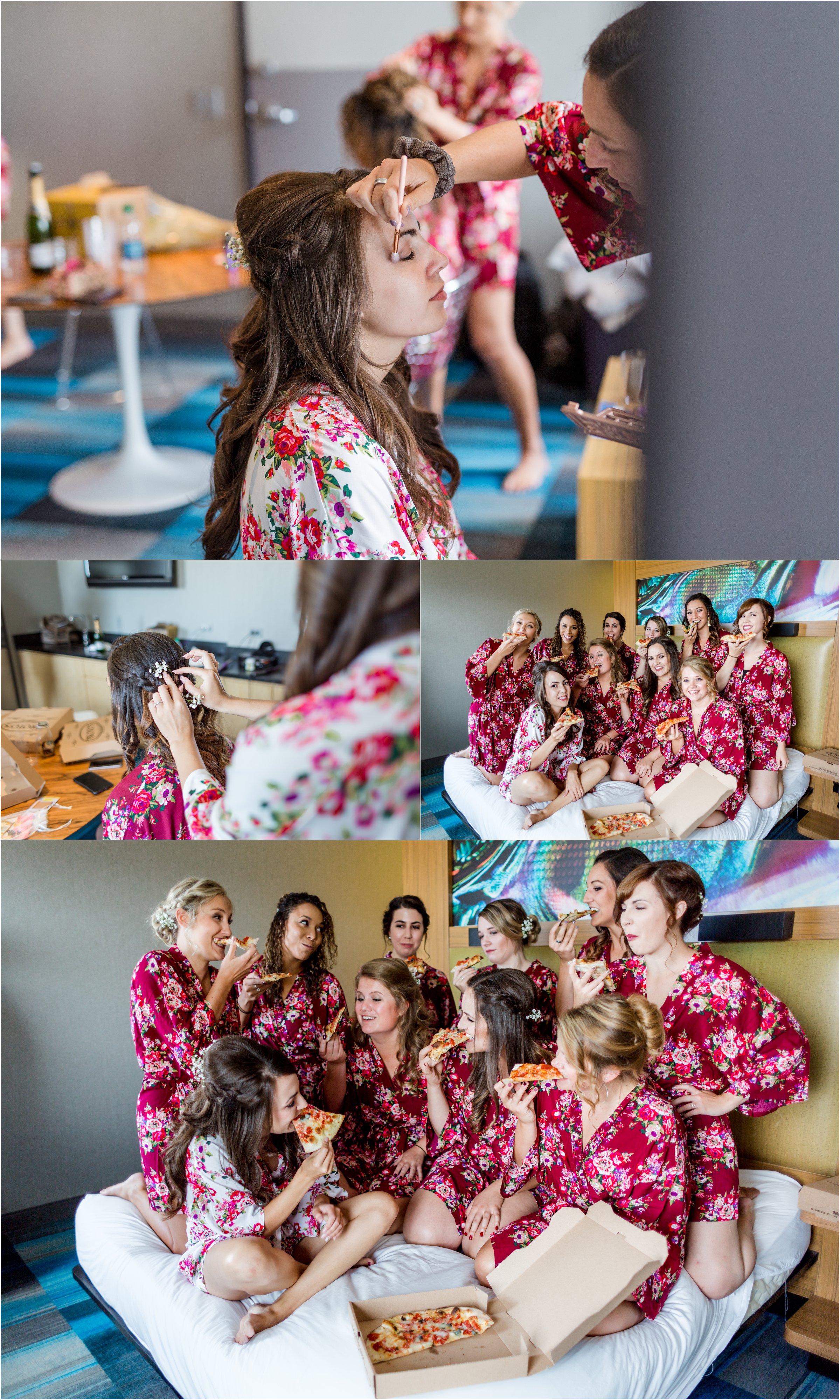 bride gets her makeup and hair done then bridesmaids and bride eat pizza on bed together