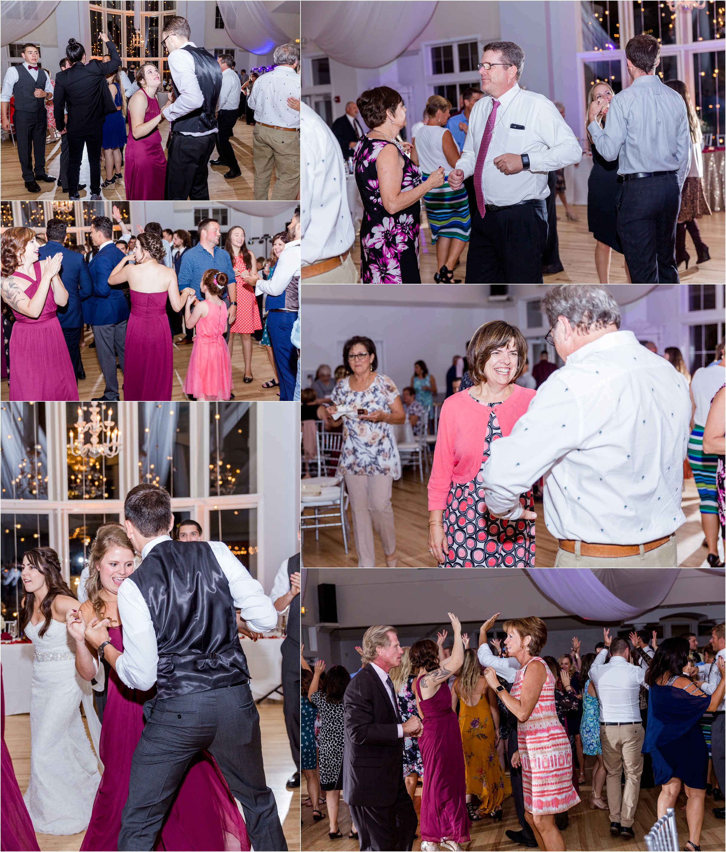 guests dance at wedding as bride and groom dance together