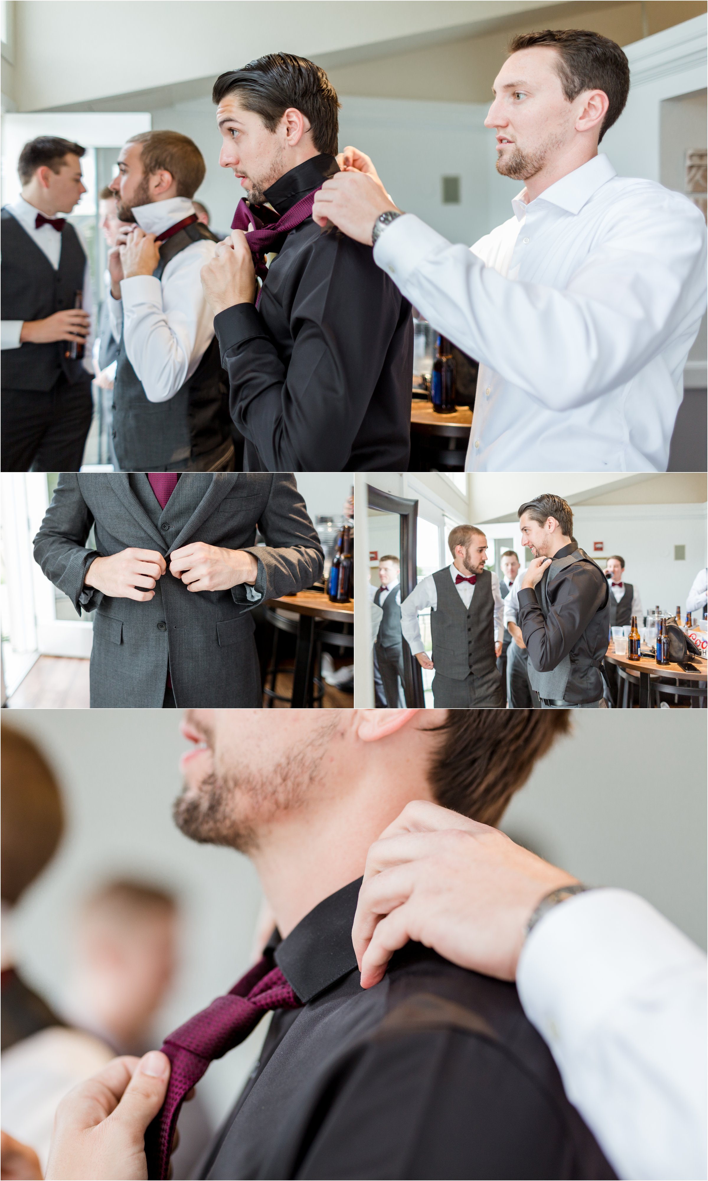 groom gets ready as groomsmen help him with his tie