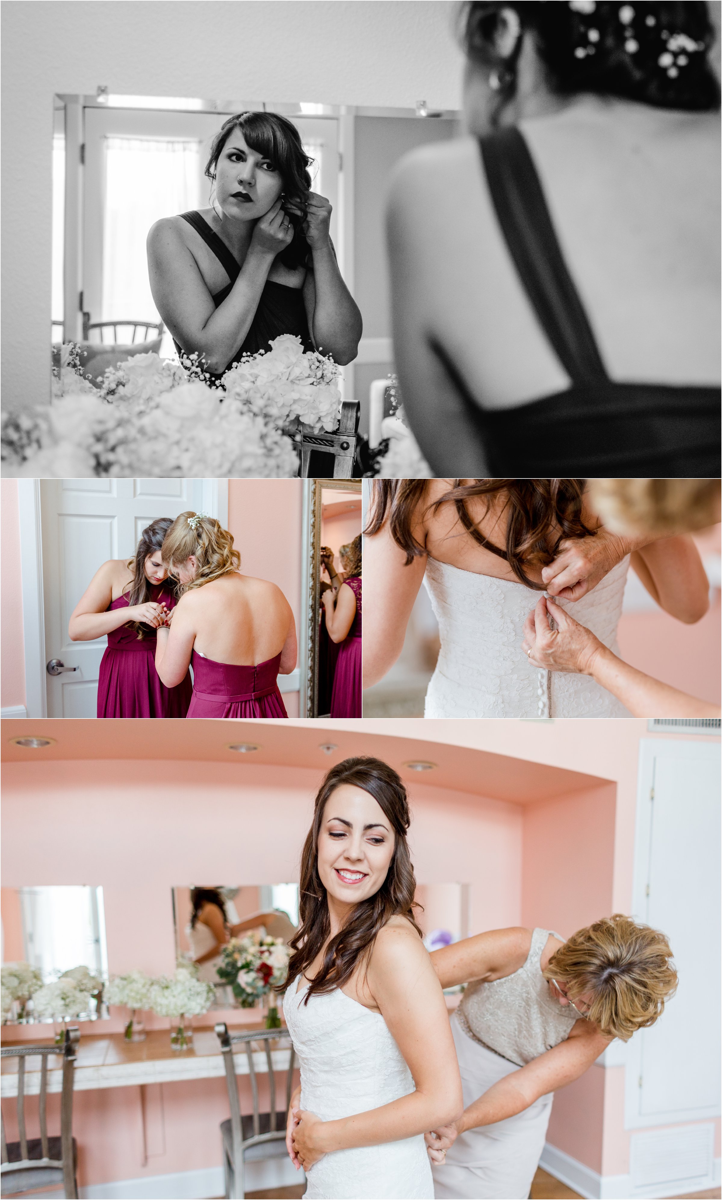 bridesmaids get ready as bride gets into her own dress