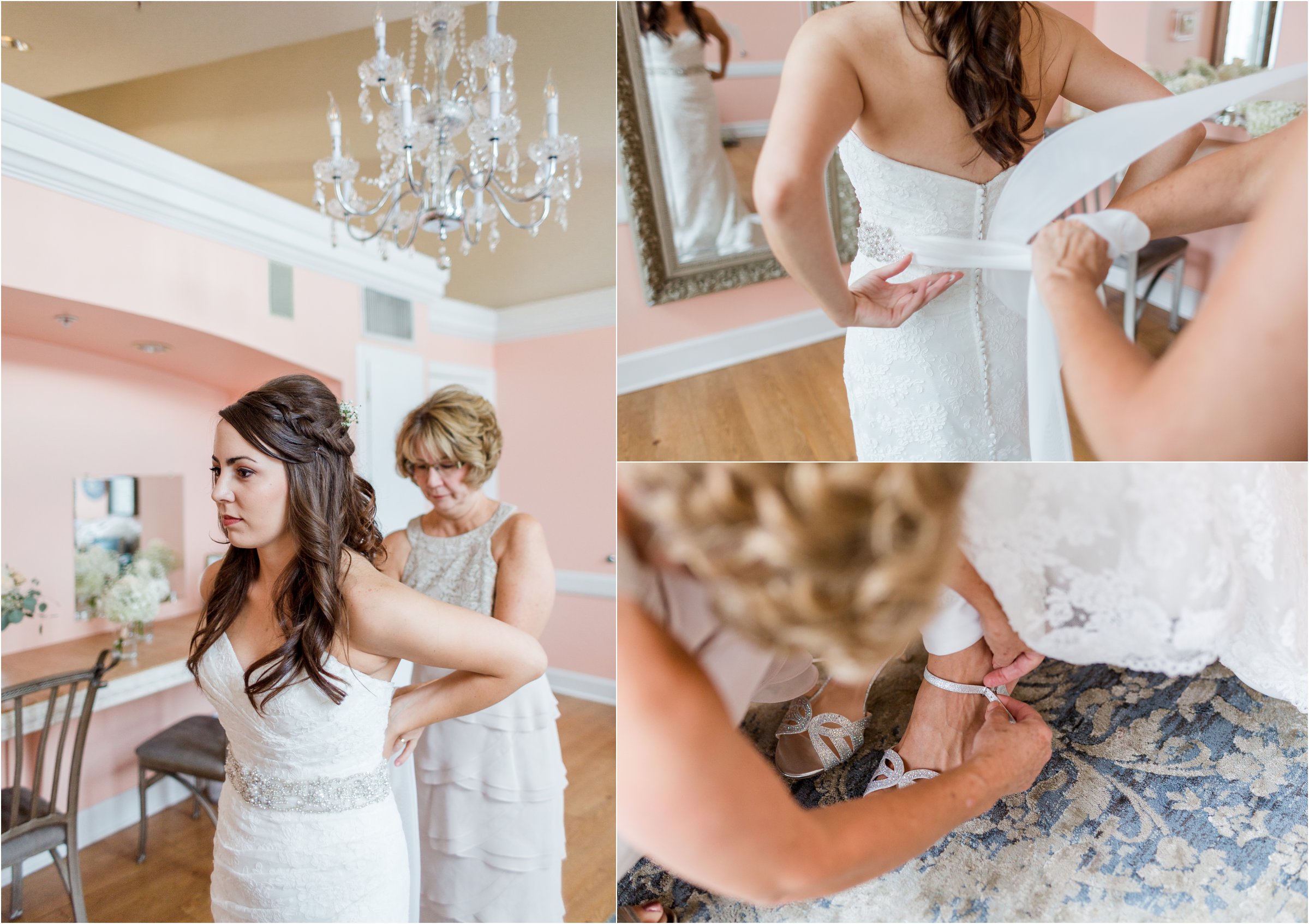 bride's mom helps her into her wedding dress before seeing her groom
