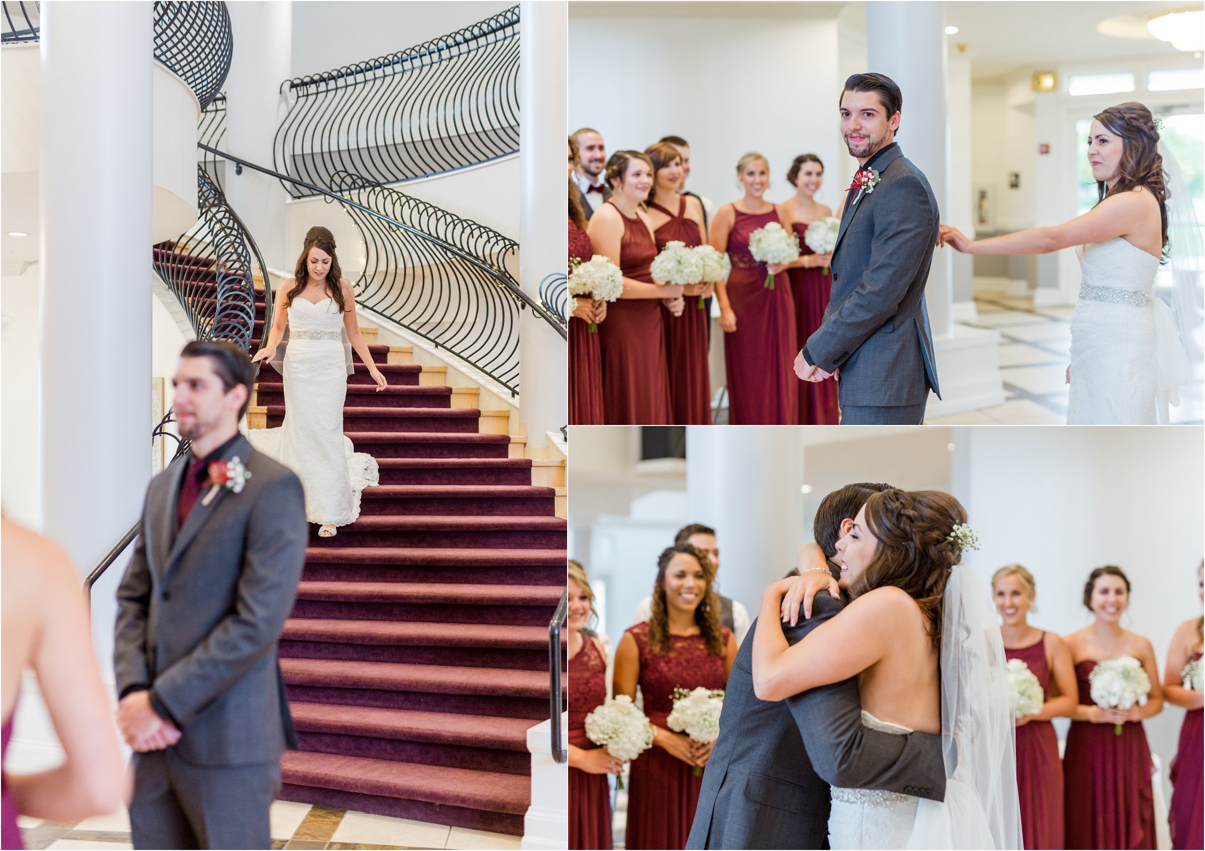 bride comes down the stairs for her first look with the groom