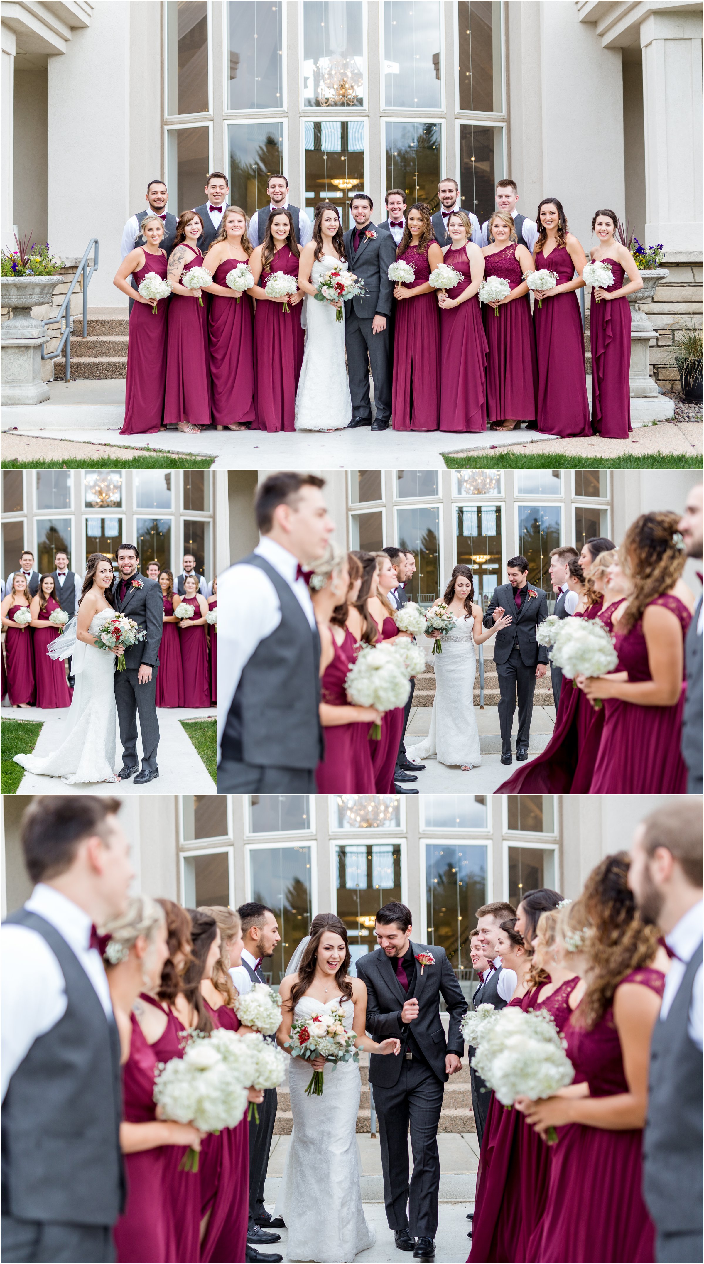 bride and groom pose with bridal party and dance through tunnel