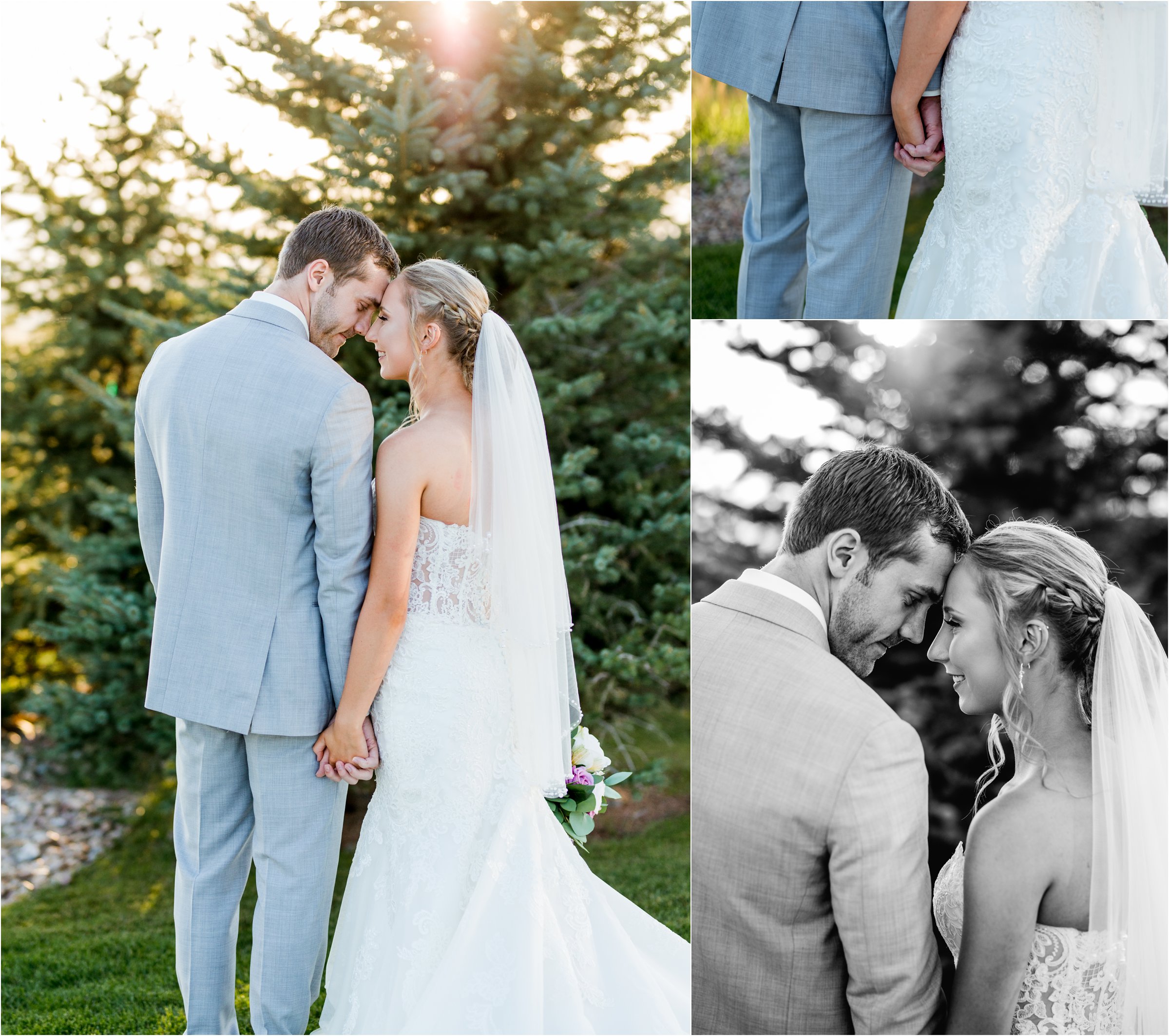 bride and groom put their foreheads together in front of trees as the golden light of sunset shines through