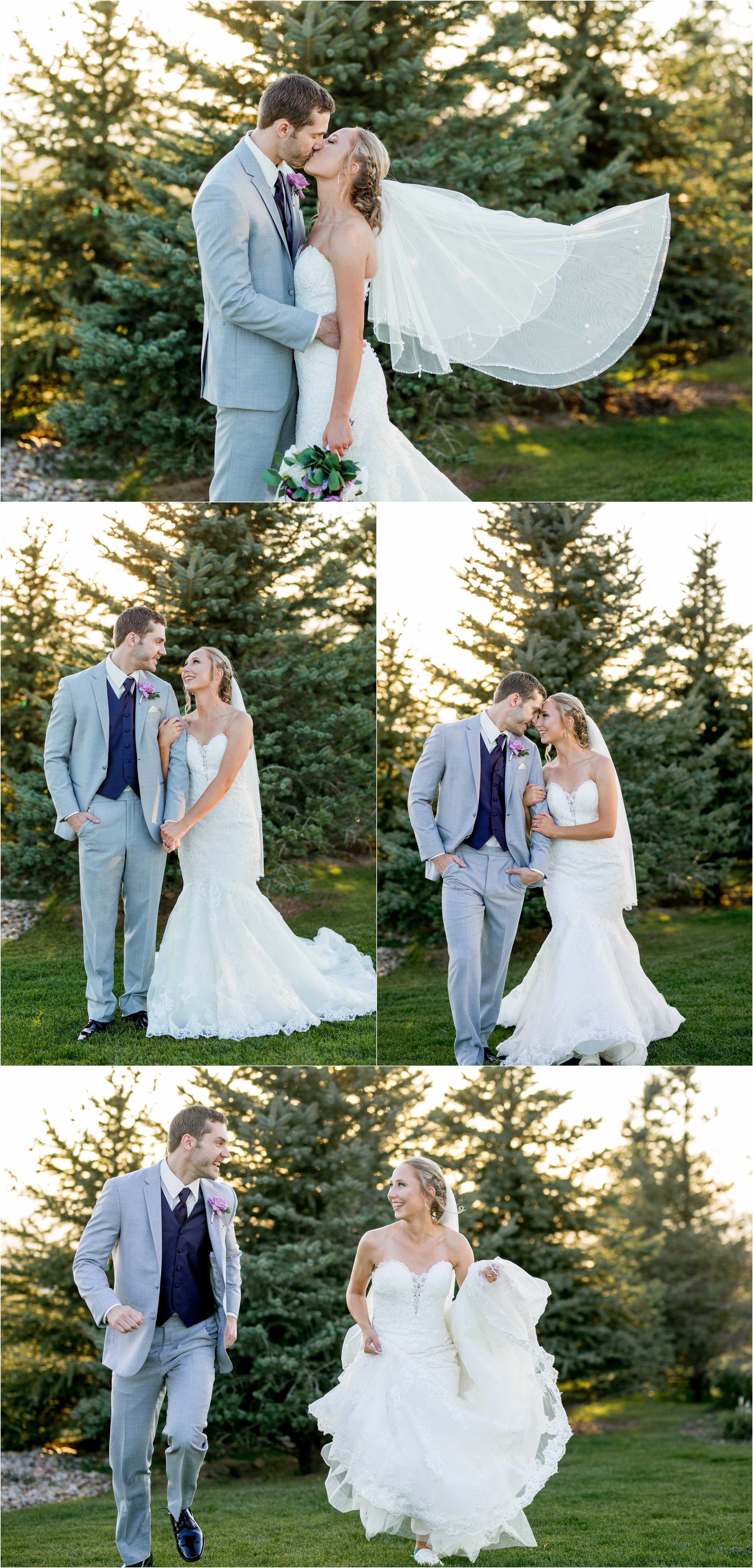 bride and groom kiss in front of trees as the golden light of sunset shines through