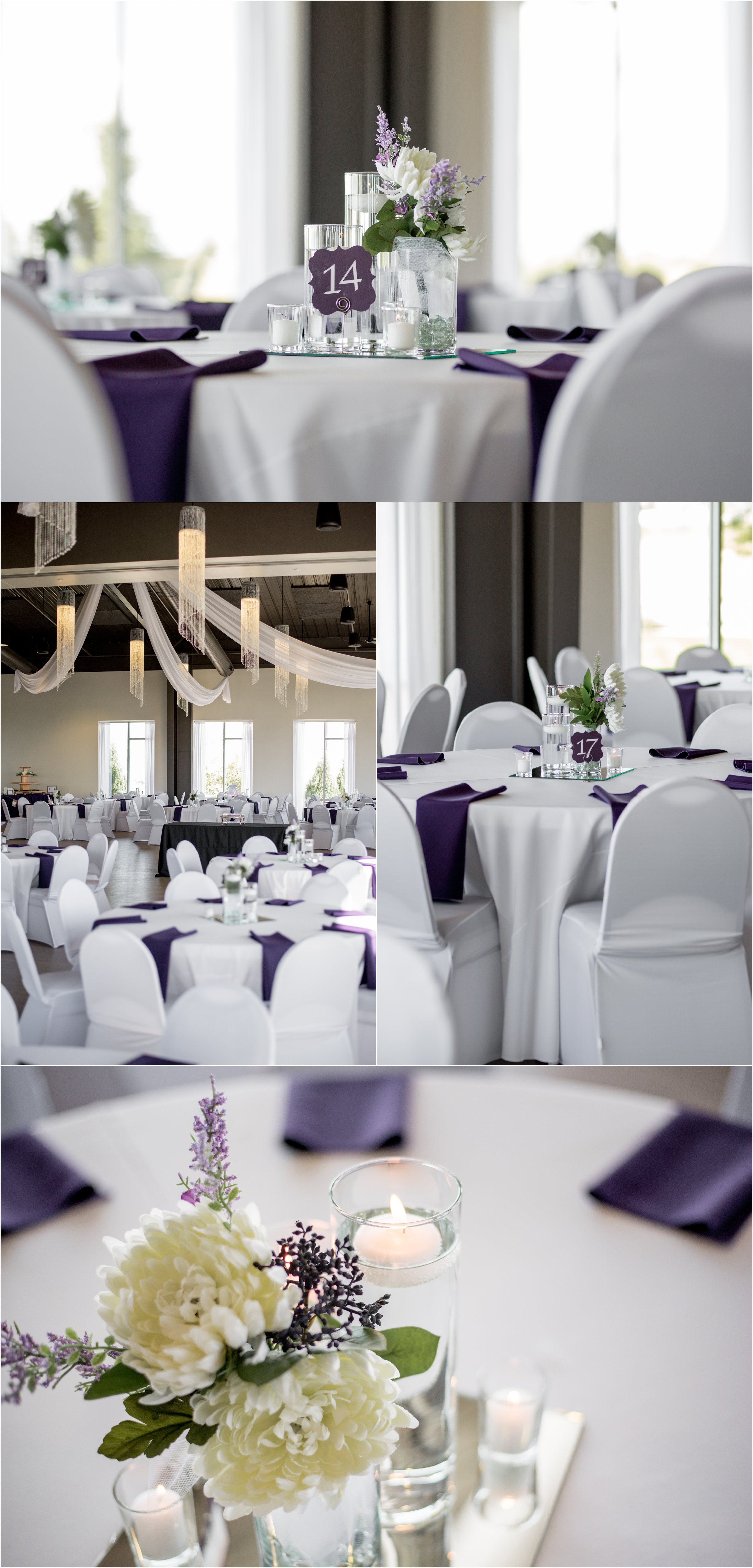 table decorations of white and purple flowers at the windson estate event center