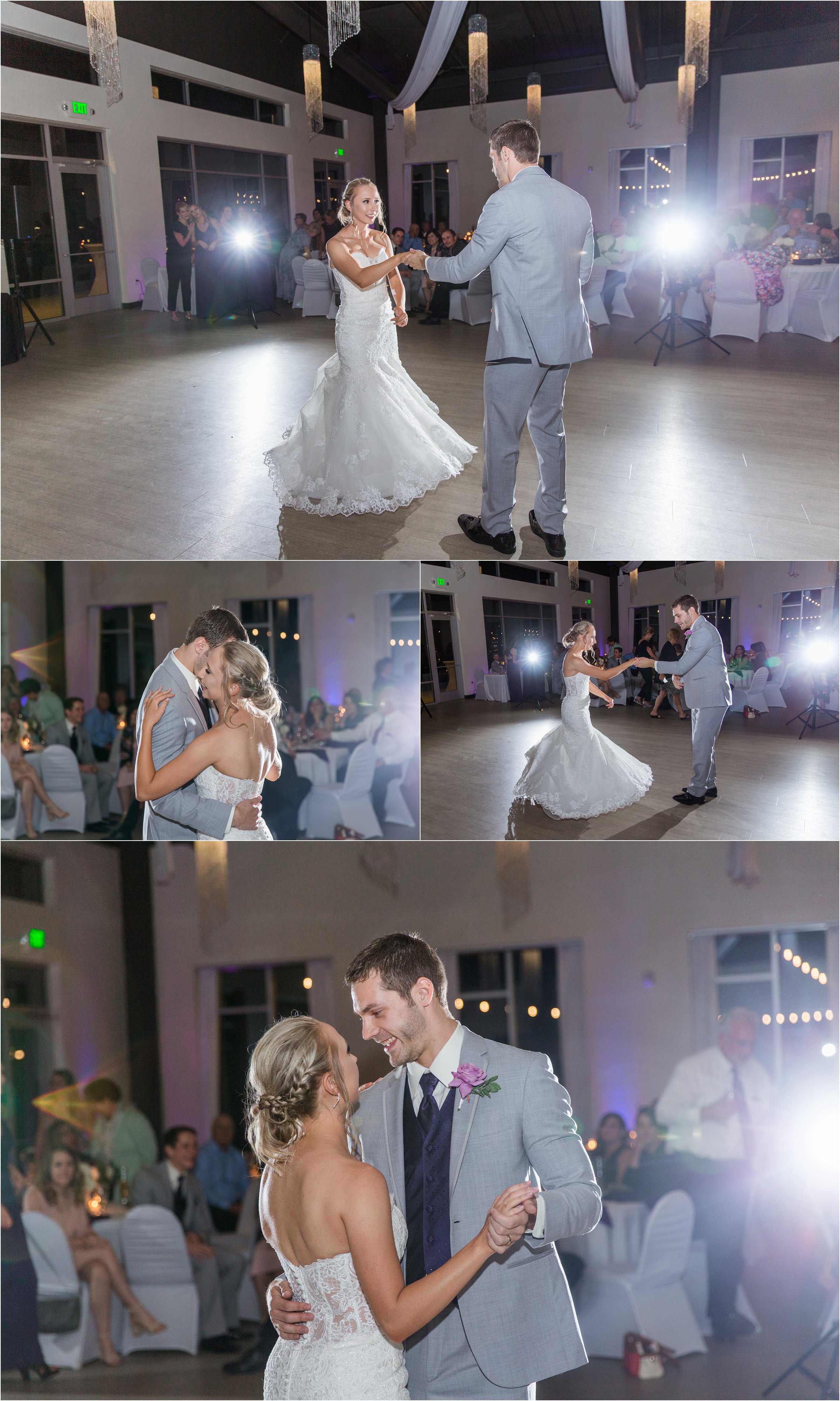 bride and groom dance alone together on the dance floor during their first dance