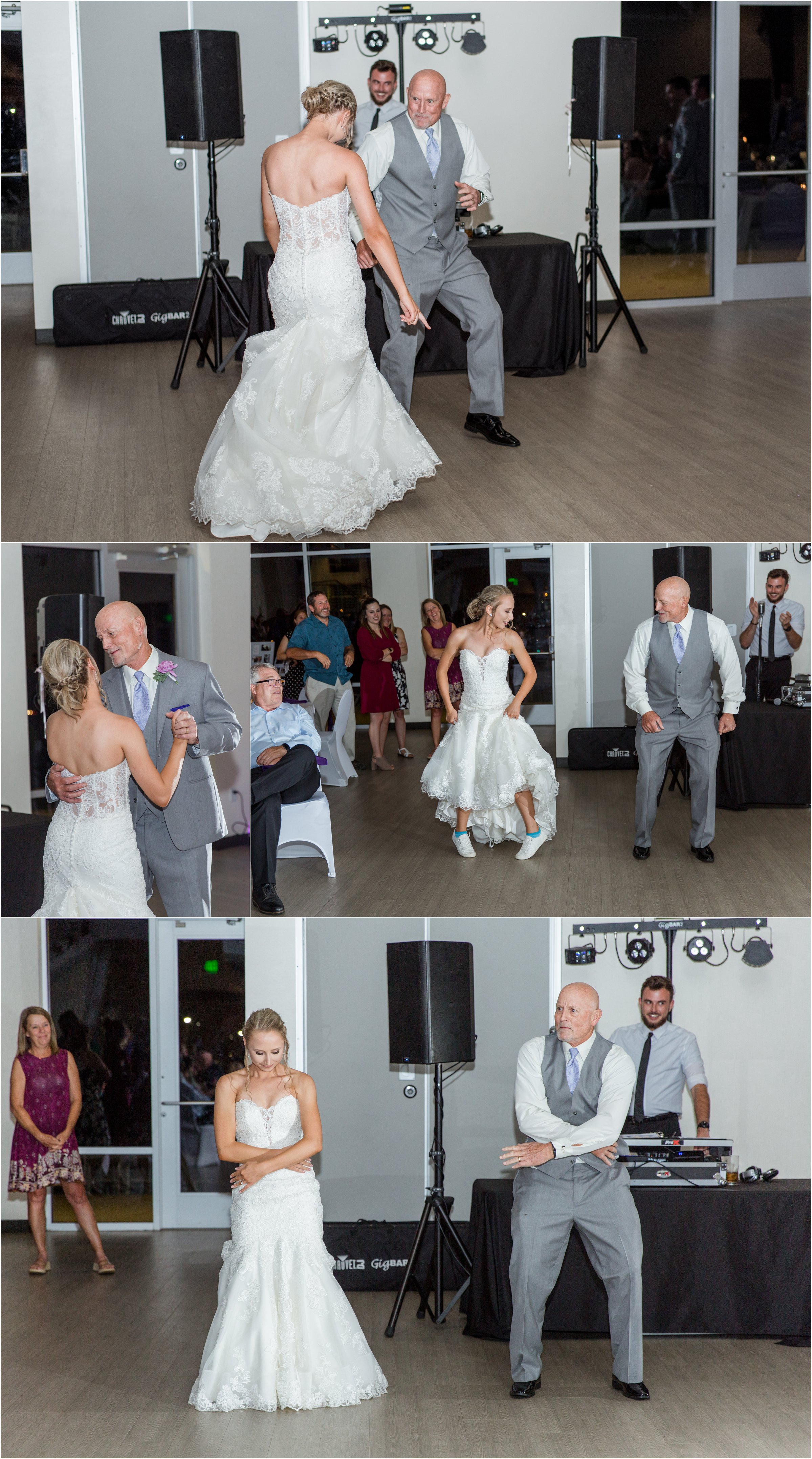 bride and her dad suprise the crowd with a coordinated dance to popular songs