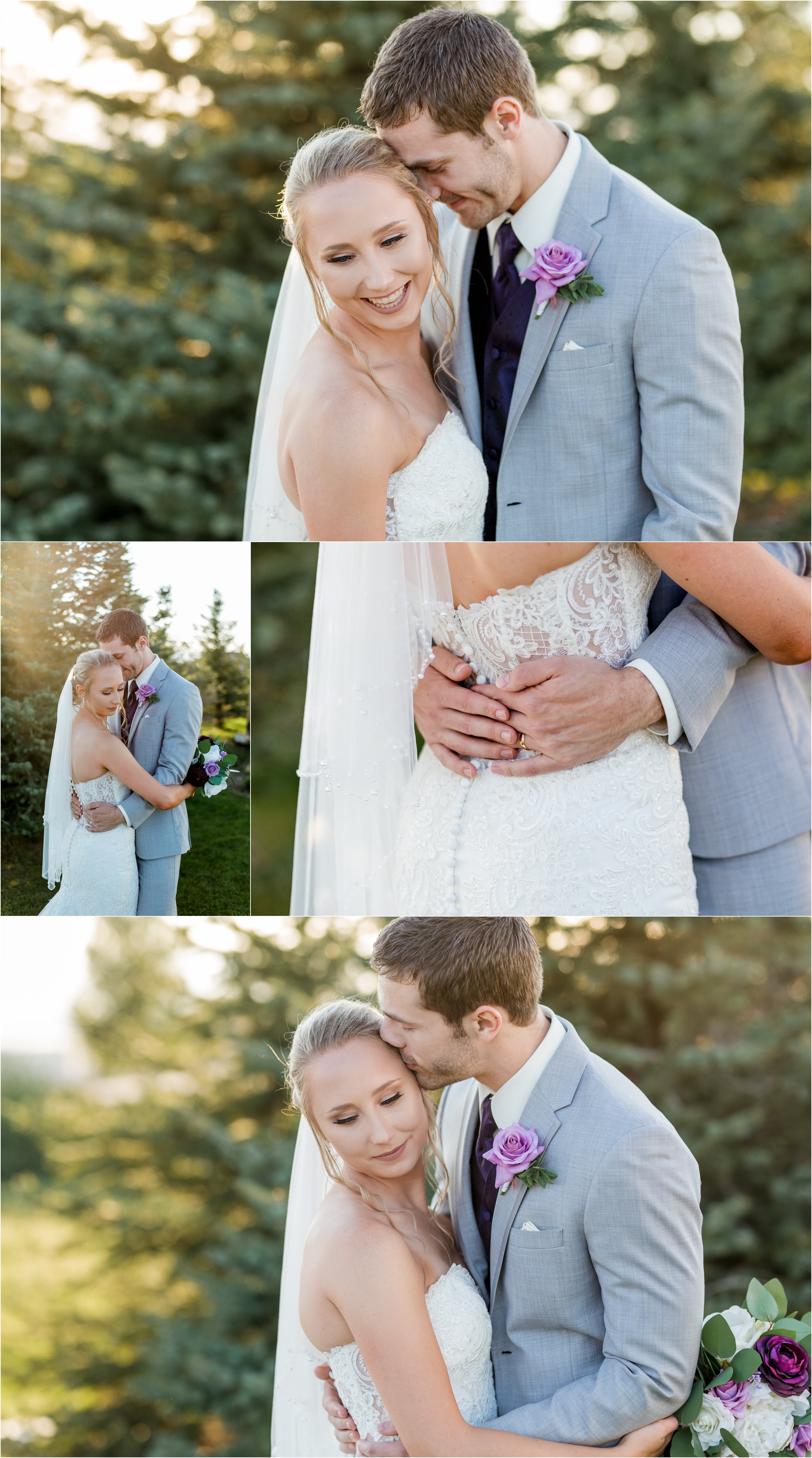 bride and groom snuggle in front of trees as the golden light of sunset shines through