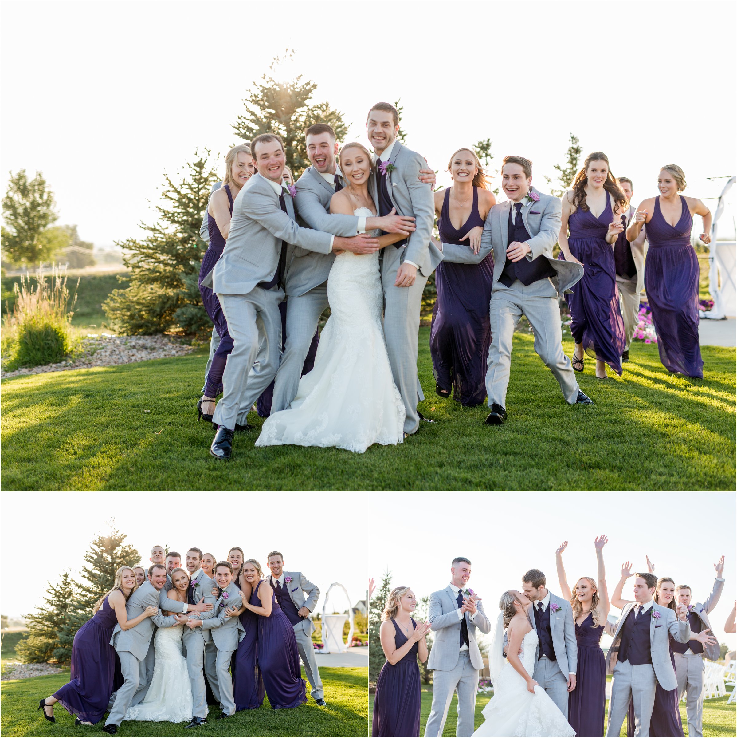 bride and groom surrounded by their bridal party celebrating after their ceremony