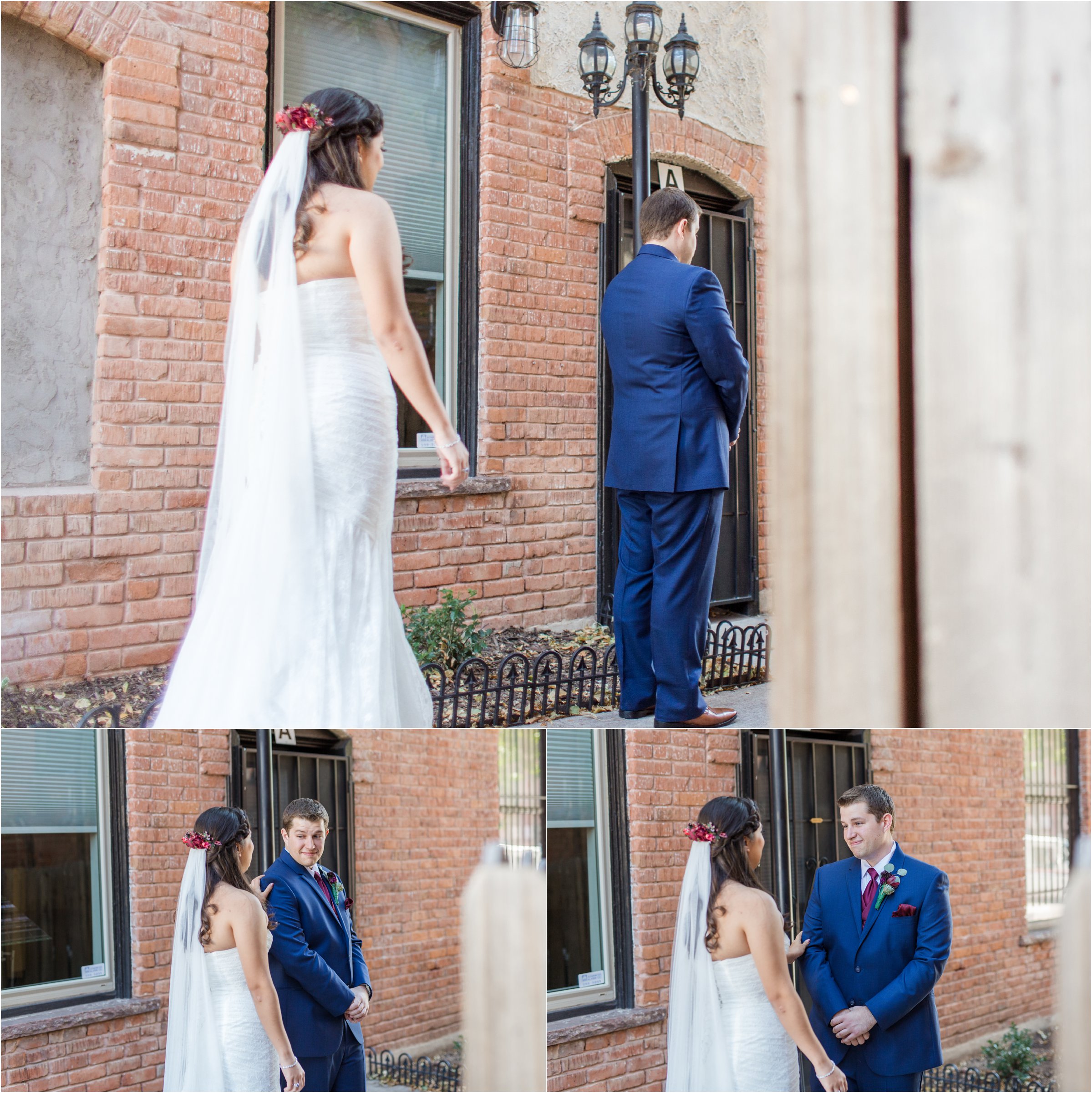 bride and groom prepare for first look in alleyway behind the loft music venue in colorado springs