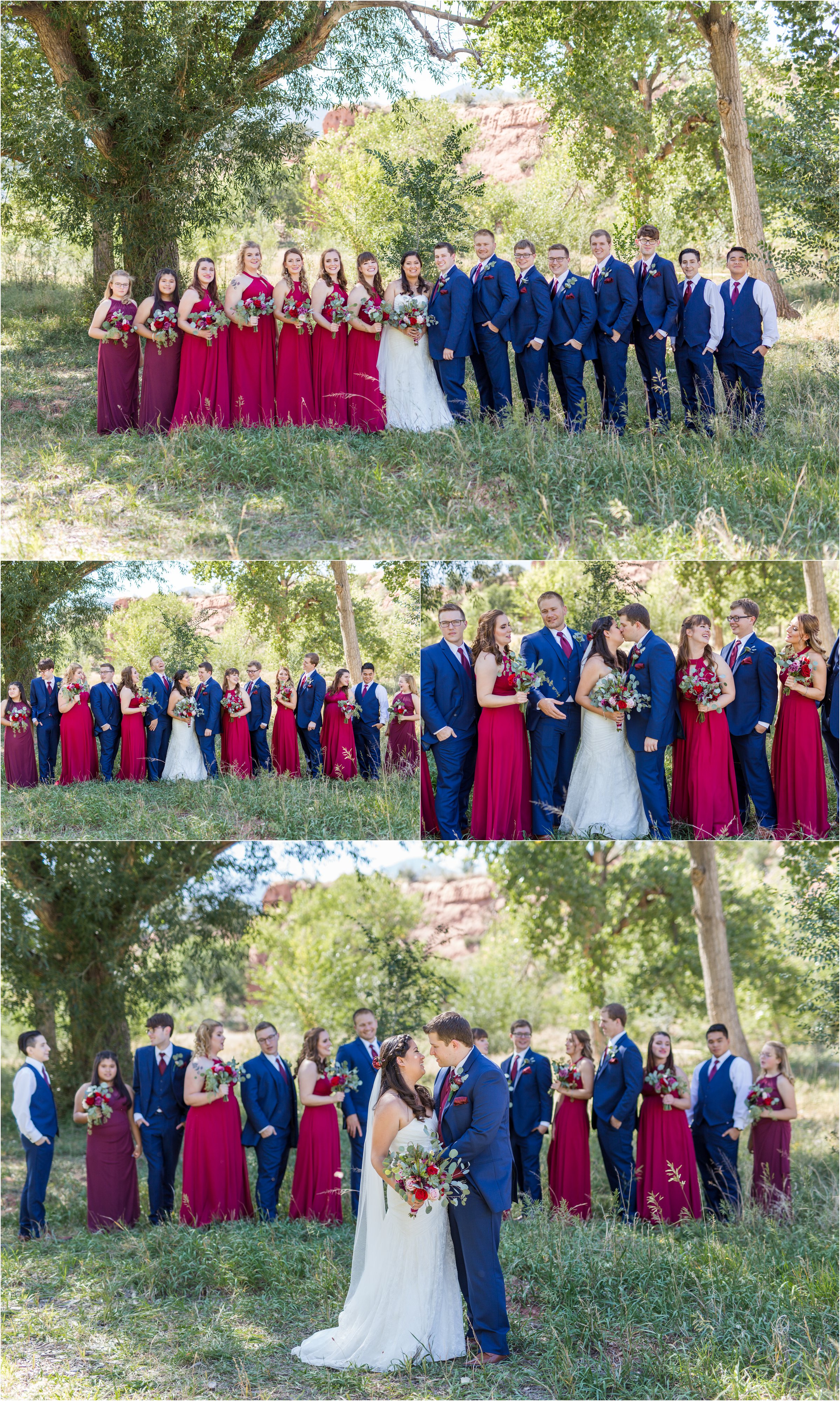 bride and groom pose with their bridal wedding party before ceremony