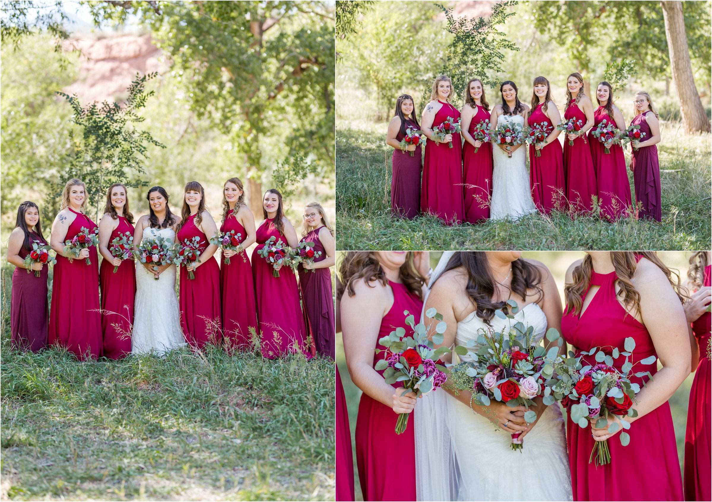 bride poses with bridesmaids in red dresses with flower bouquets for photos before her wedding