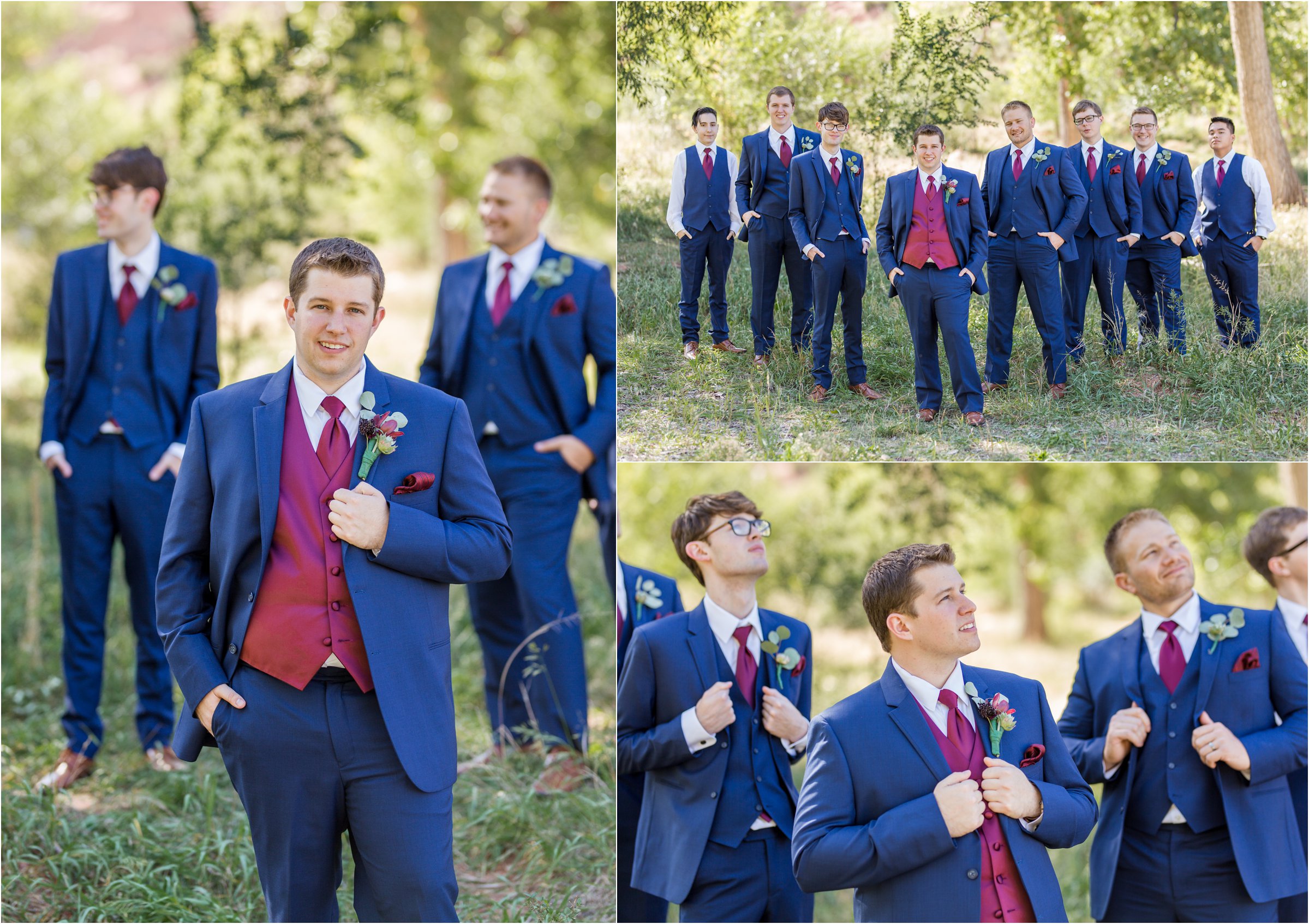 groom poses with groomsmen in blue suits with red vests for photos before his wedding
