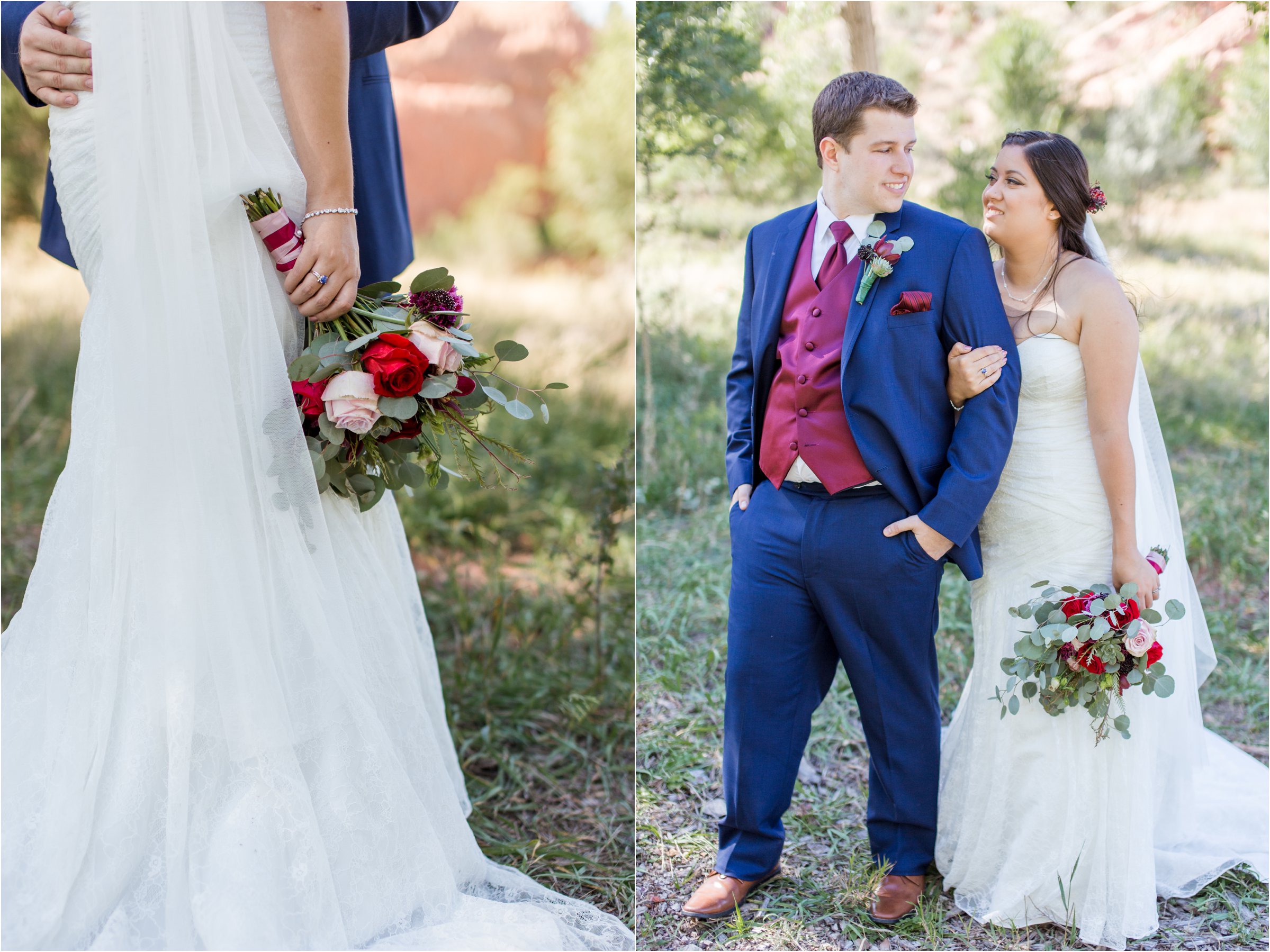 bride and groom snuggle together in Red Rock Canyon Open Space