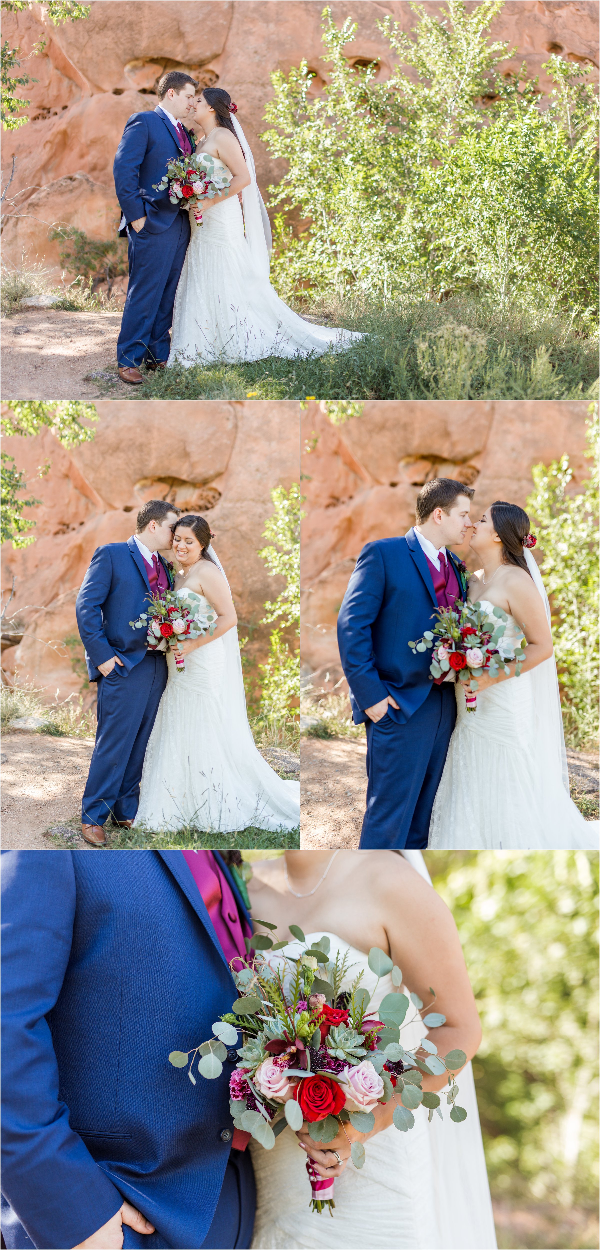 bride and groom snuggle in front of rocks and trees in Red Rock Canyon Open Space