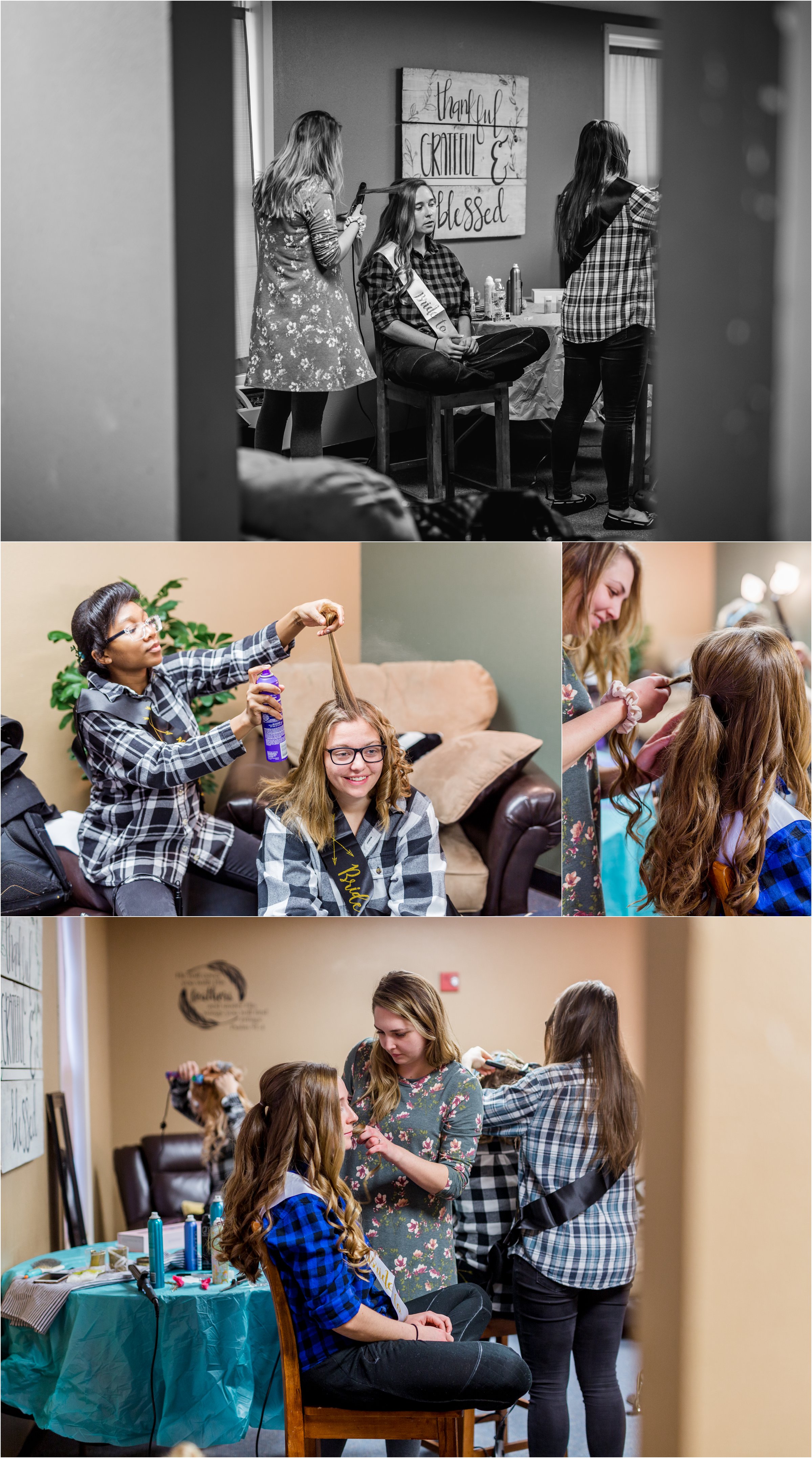 bride and bridesmaids get ready for her wedding with hair and makeup on a cold snowy day in november