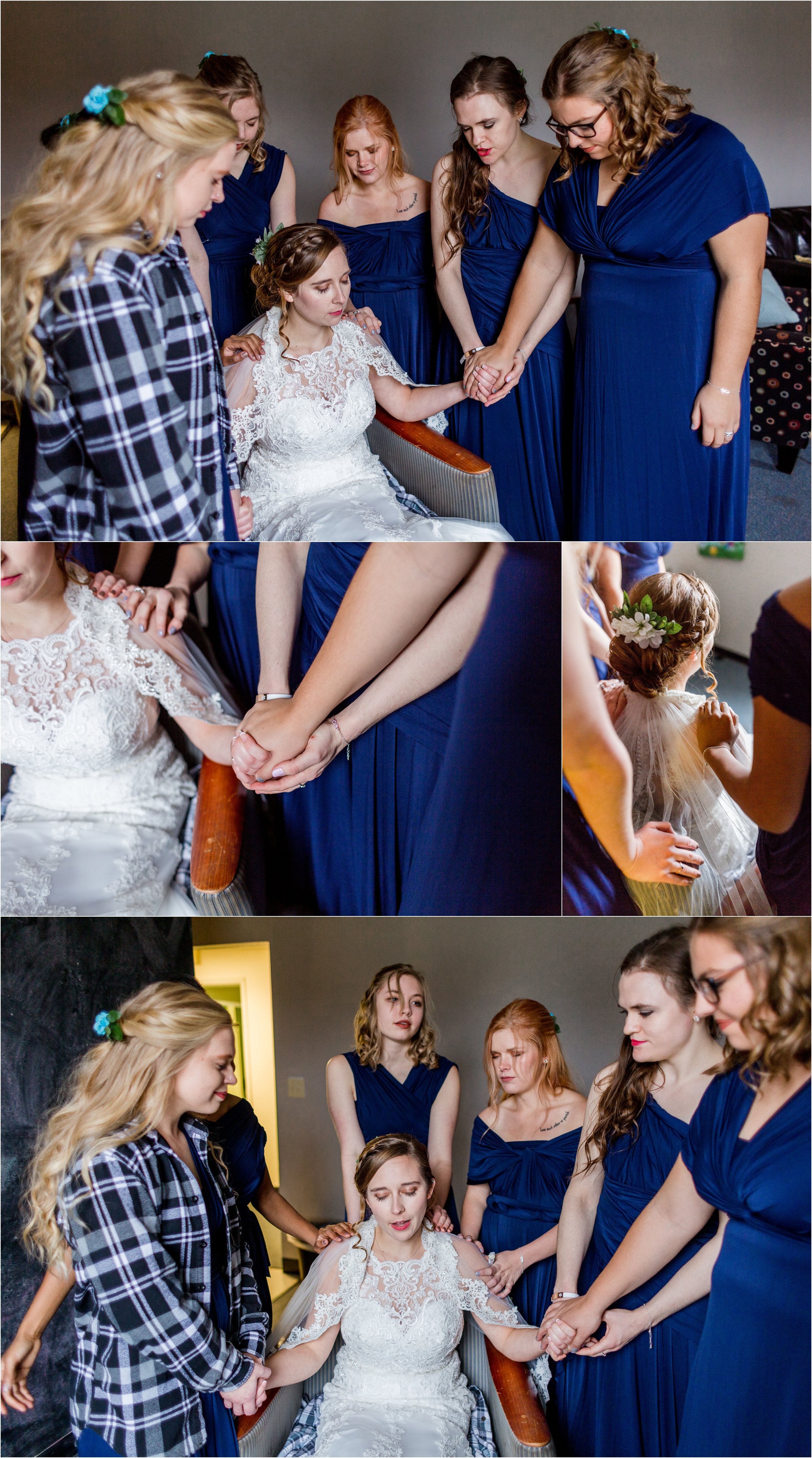 bridesmaids take a moment to pray over bride before wedding day begins