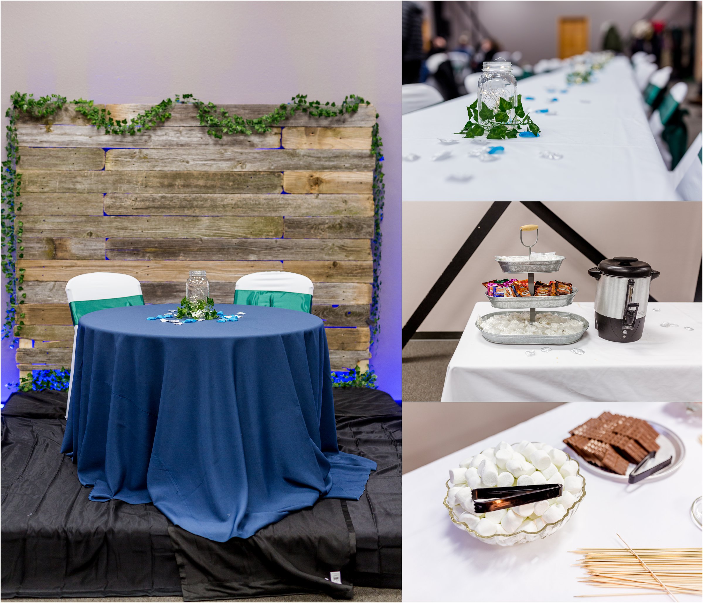 photos showing details of a wedding reception including a smores and hot chocolate bar as well as a sweetheart table