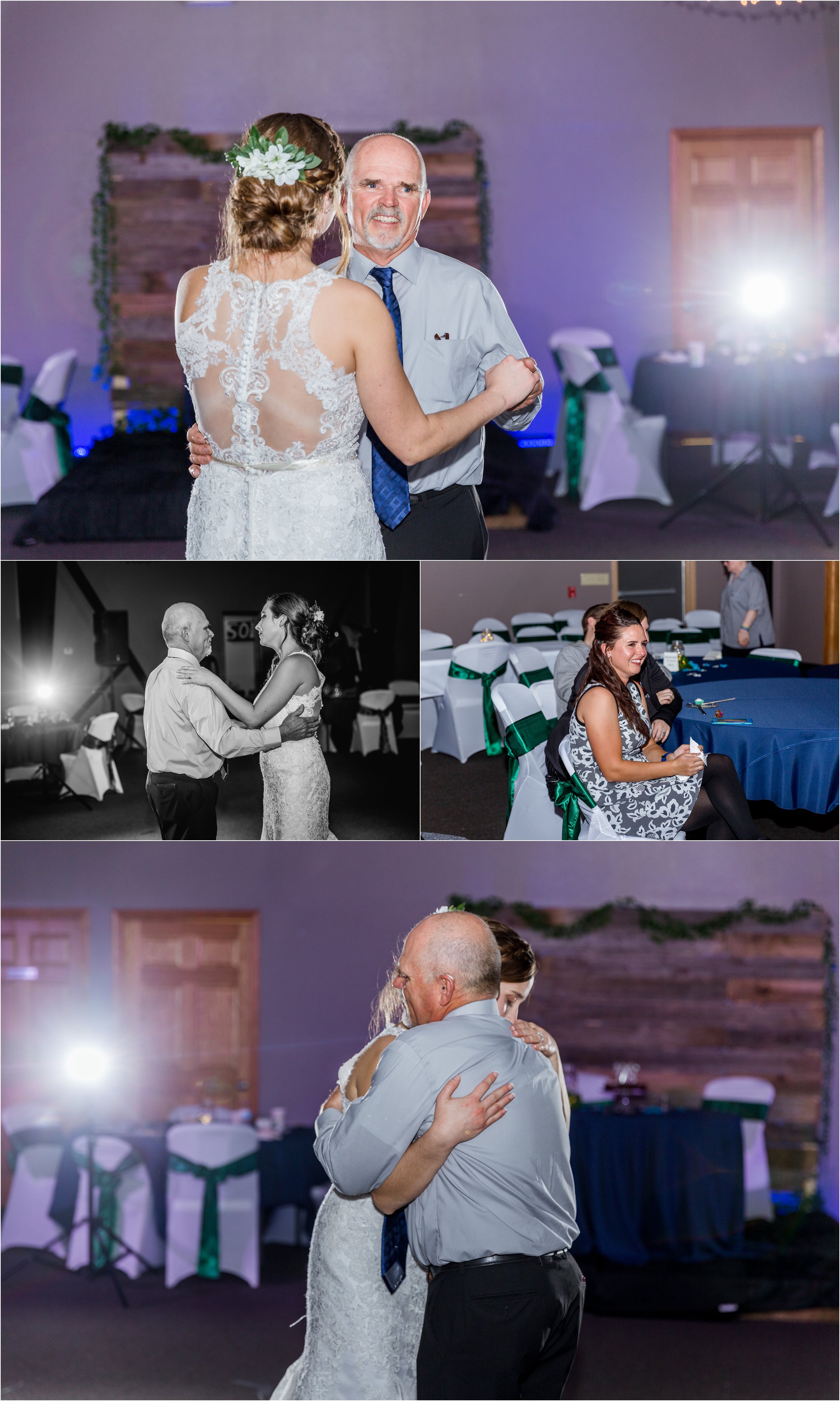 bride dancing with her dad at her wedding wedding reception under twinkly lights