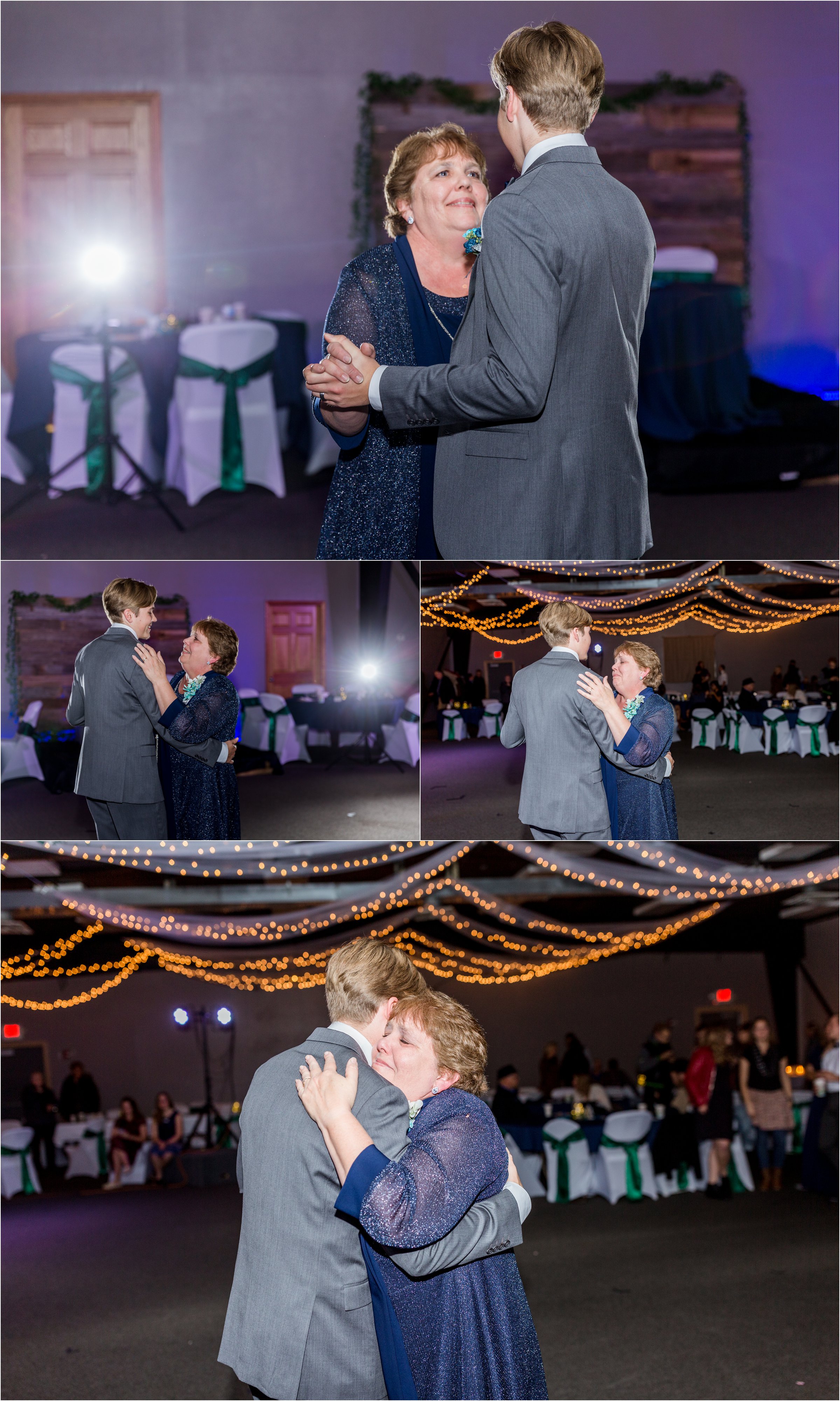 groom dancing with his mom at his wedding wedding reception under twinkly lights