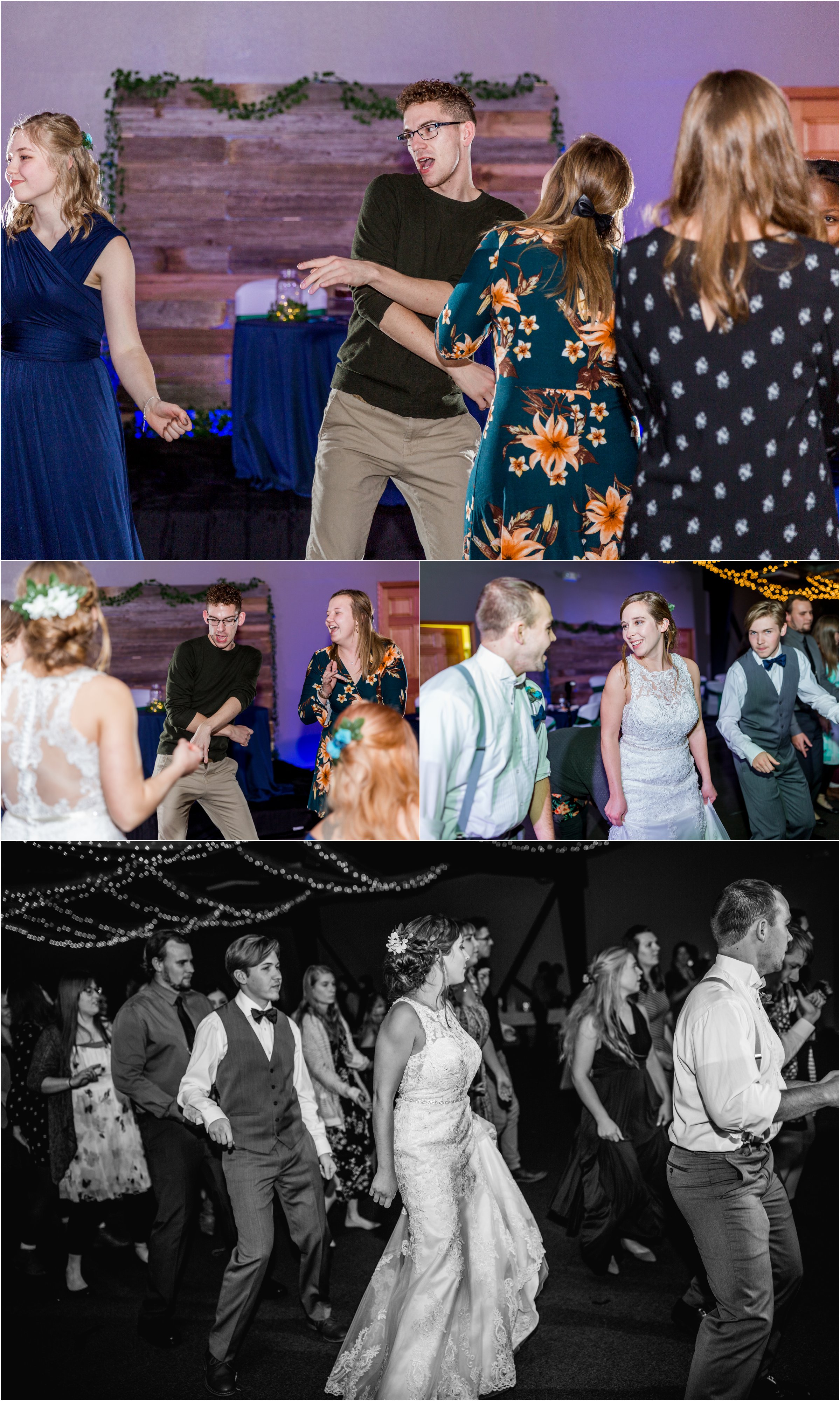 bride and groom dancing with their guests at their wedding reception