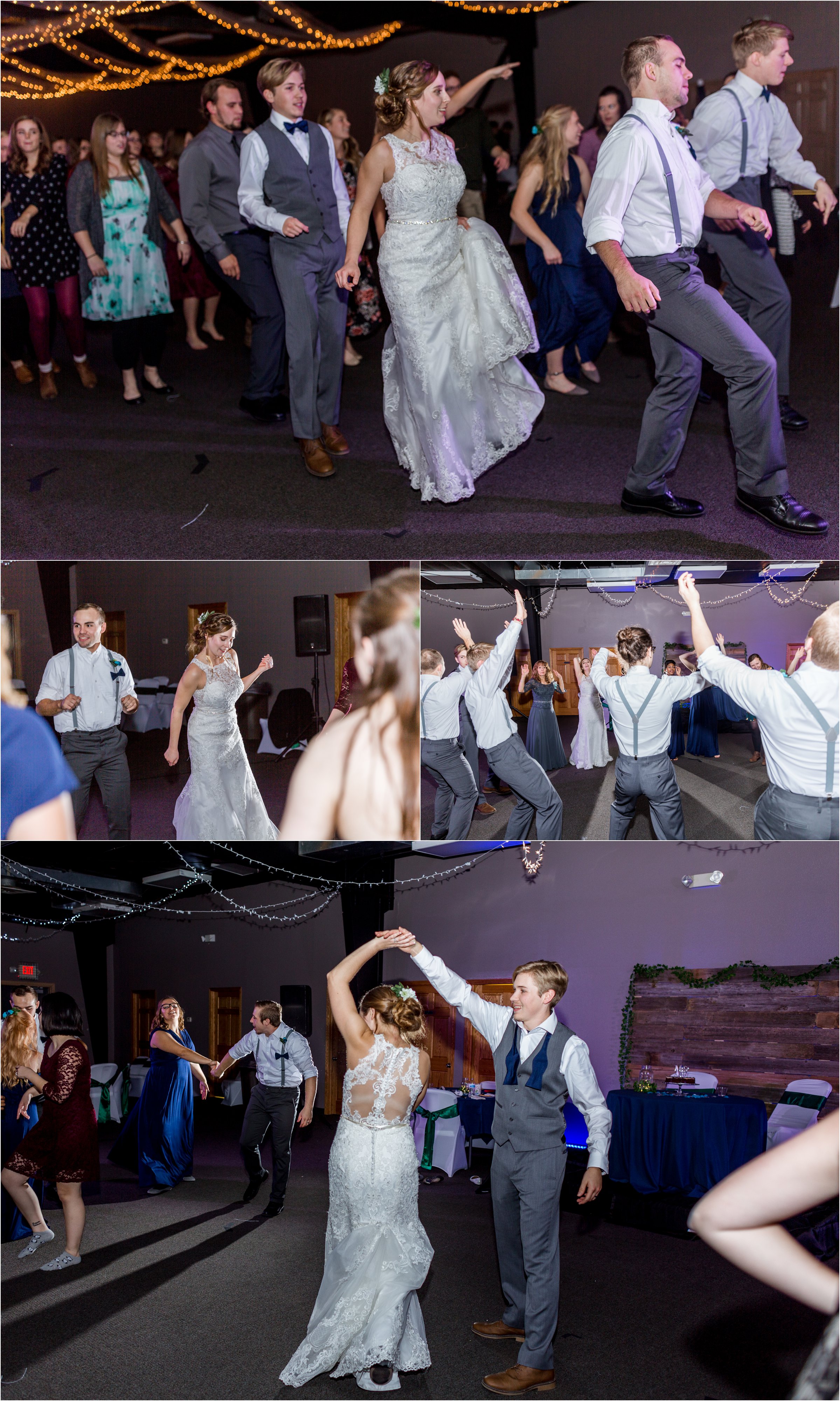 bride and groom dancing with their guests at their wedding reception