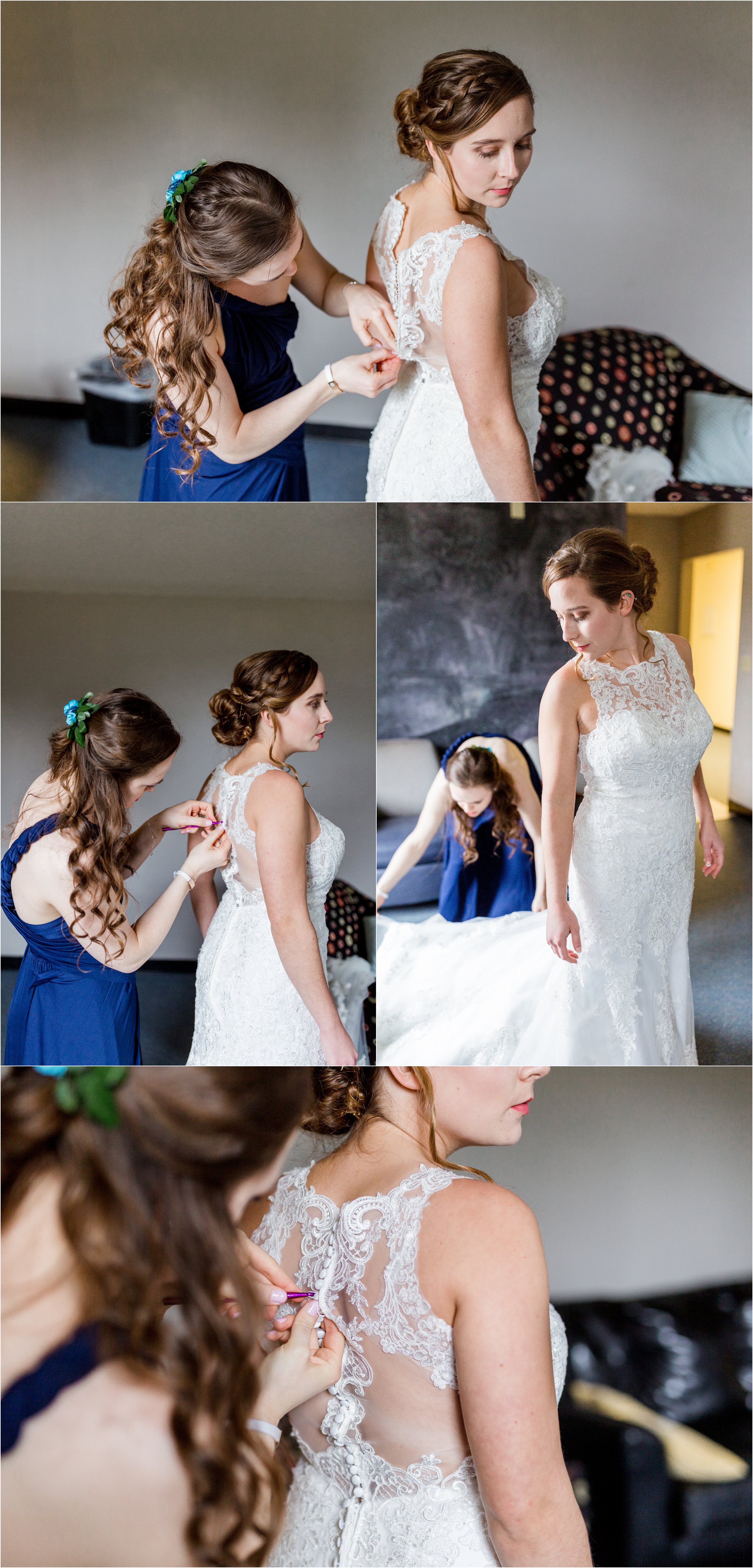 bride is helped into wedding dress by bridesmaids who button and her in and help with jewelry