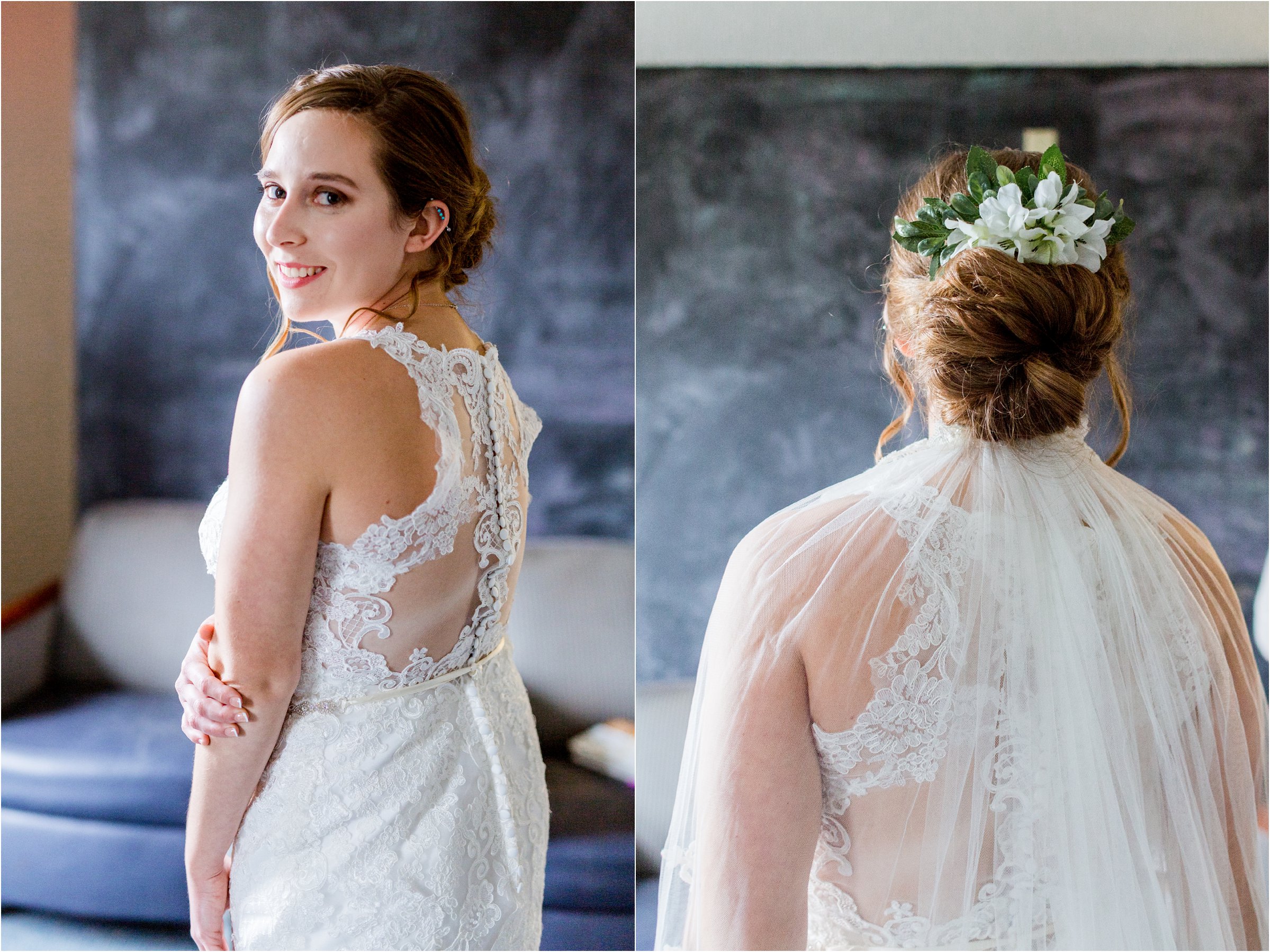 portrait of bride immediately after getting into wedding dress showing off her hair and flower piece