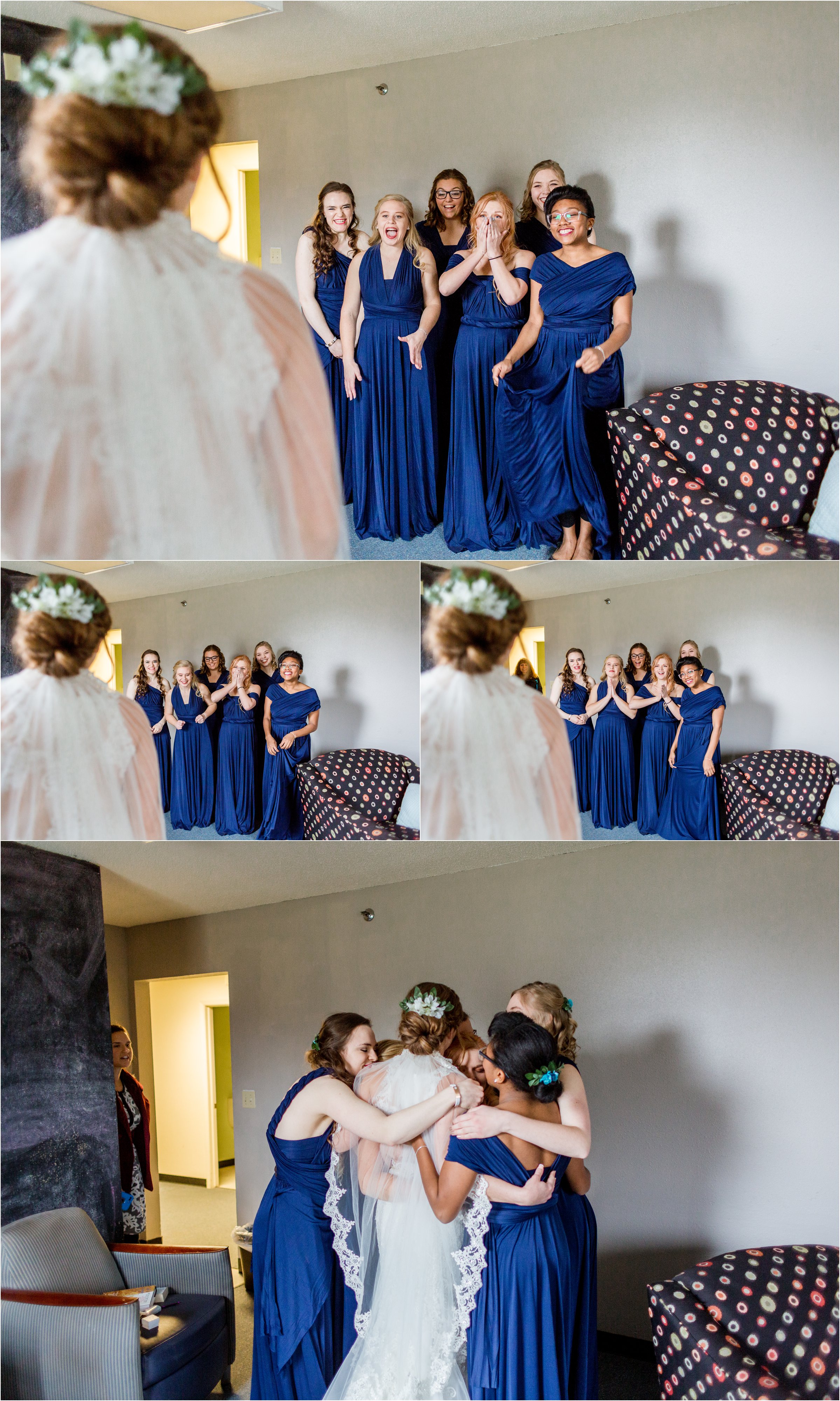 bridesmaids seeing bride all dressed up in her wedding dress for the first time
