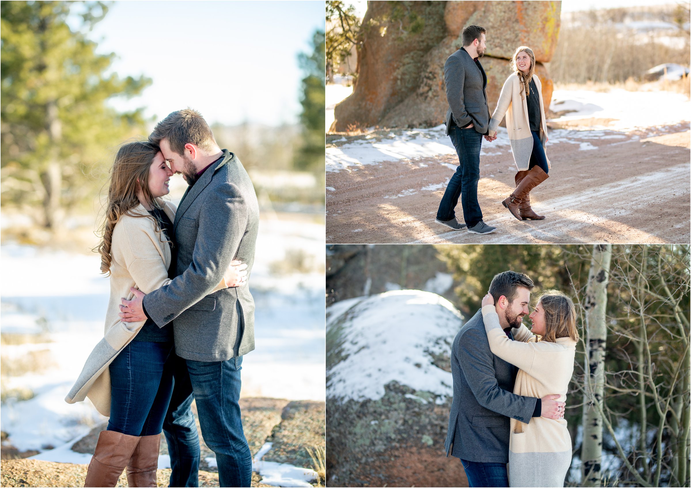 engaged couple in various poses at vedauwoo state park for their cheyenne engagement session