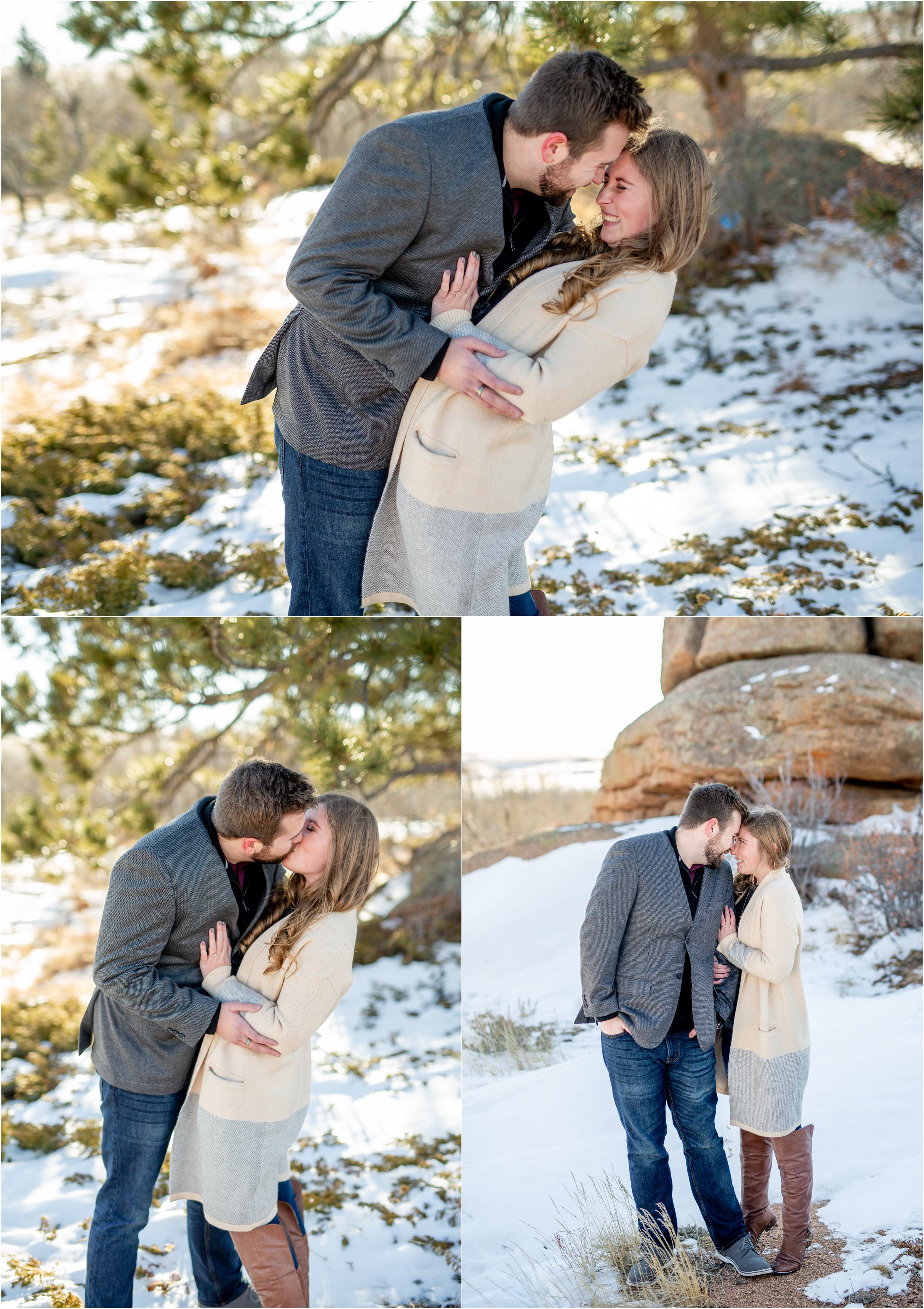 engaged couple snuggling in the snow with trees in the background for their cheyenne engagement session