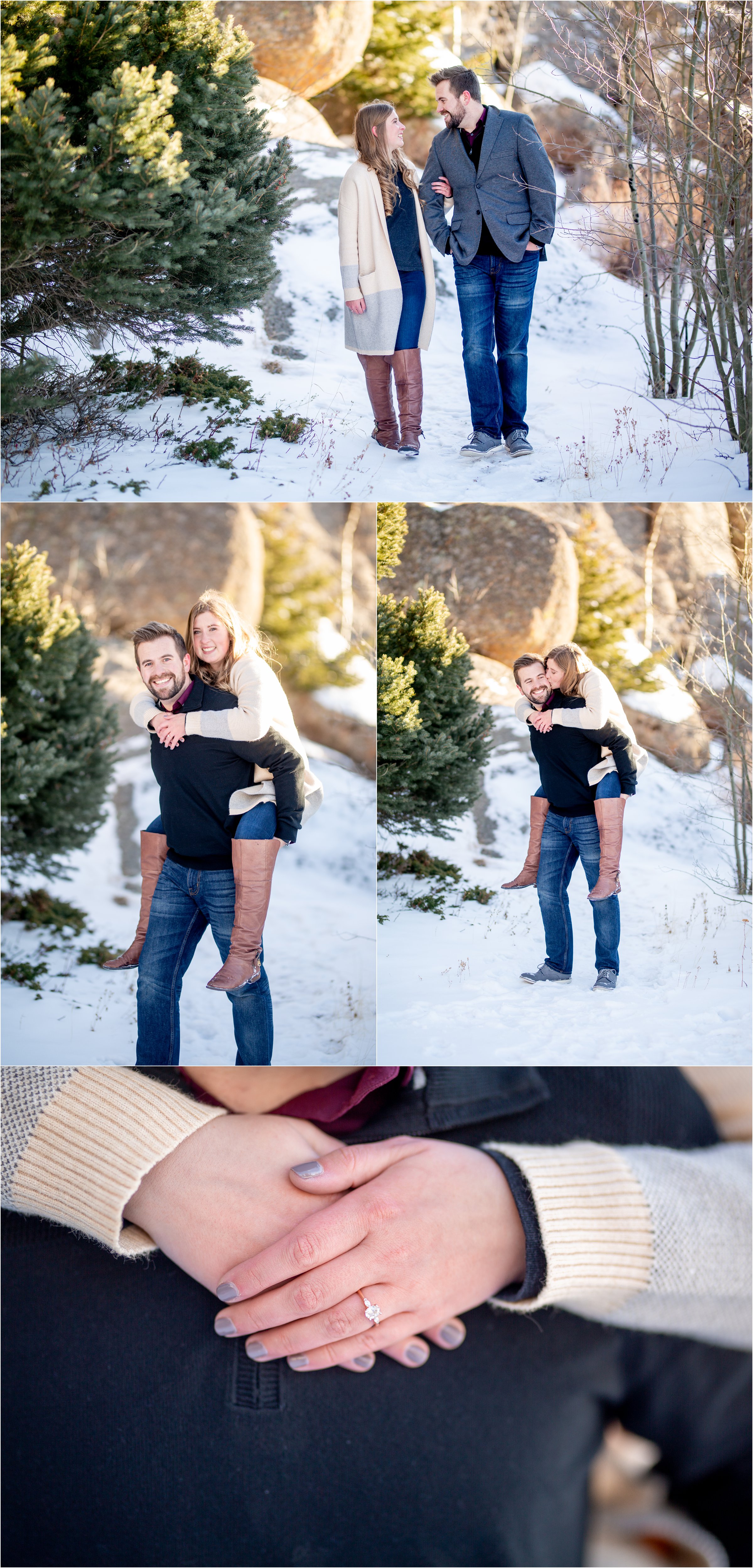 engaged bride and groom in different poses in the snow with rocks and trees in background