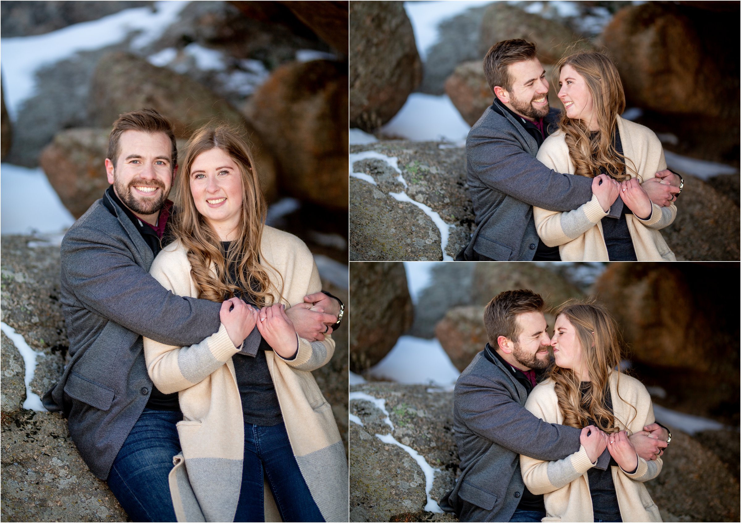 Engaged man and woman sitting on a rock snuggling and touching noses