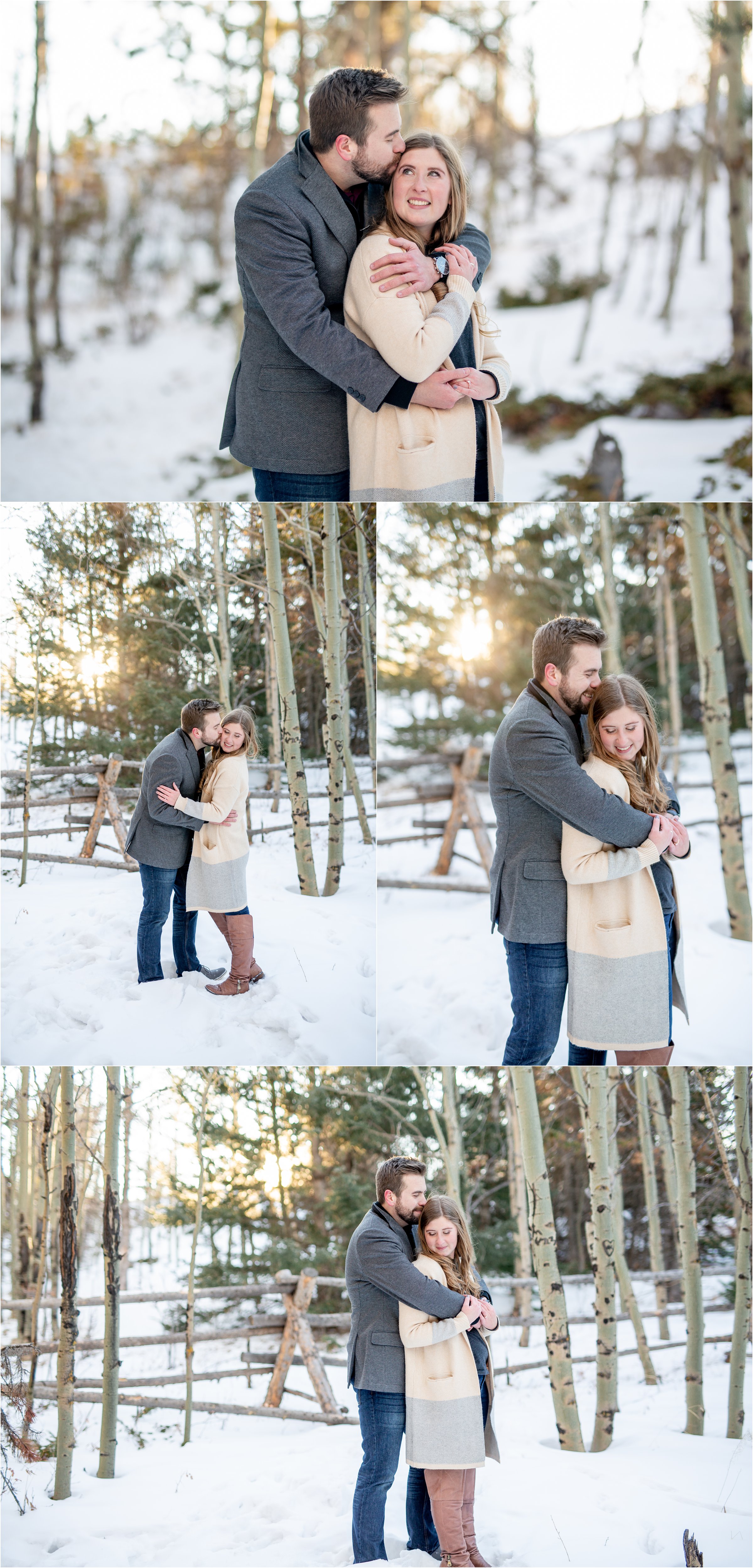 engaged couple snuggling and kissing in an aspen grove with snow on the ground