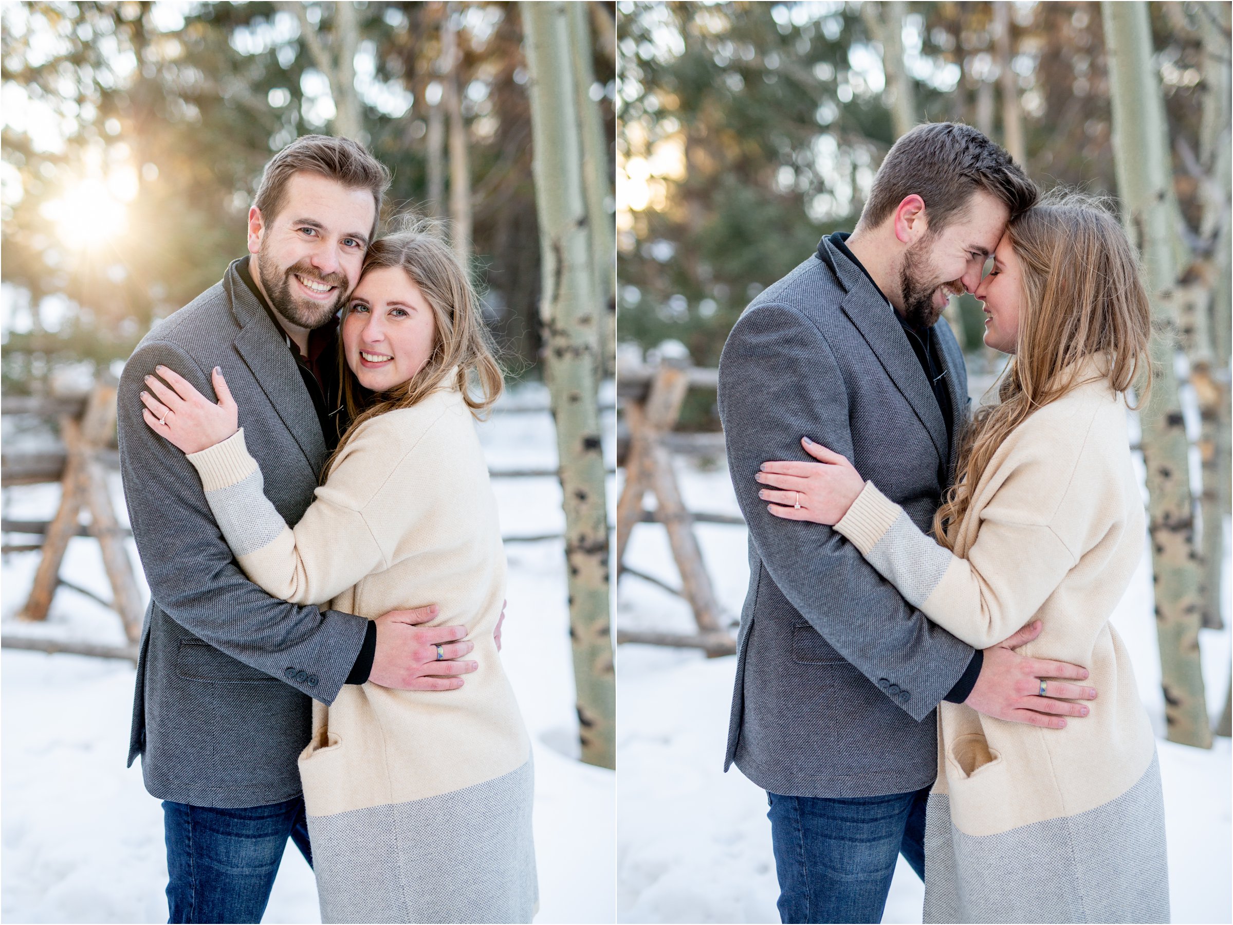 engaged couple smiling at the camera for their cheyenne engagement session