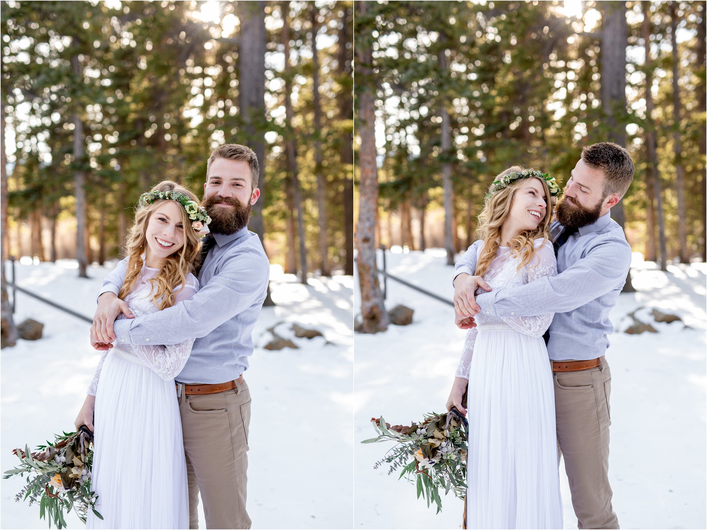 Wedding couple in dress with large bouquet and floral crown for their Denver elopement